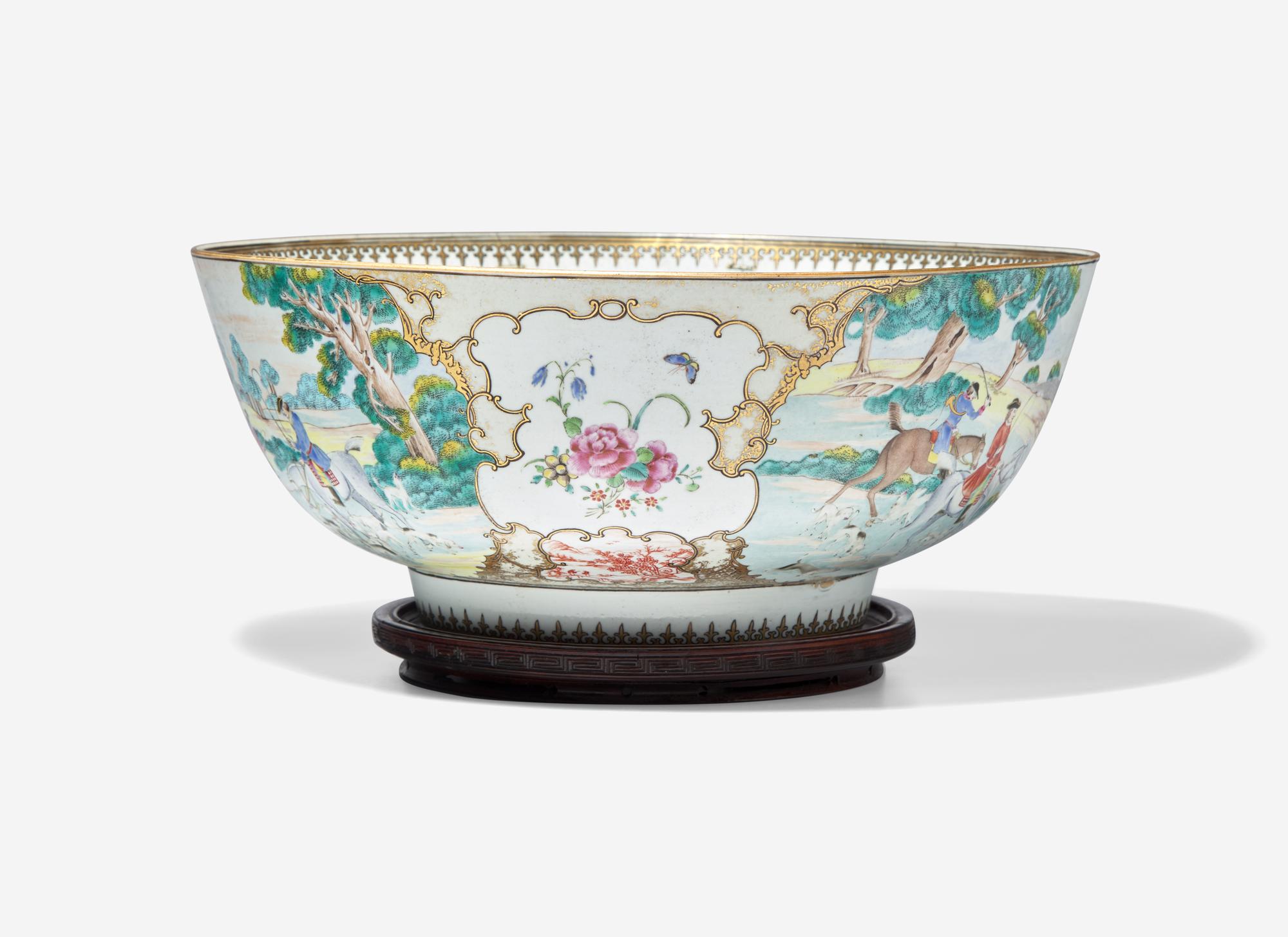 A Chinese Export Porcelain Famille Rose 'Hunt' Punch Bowl