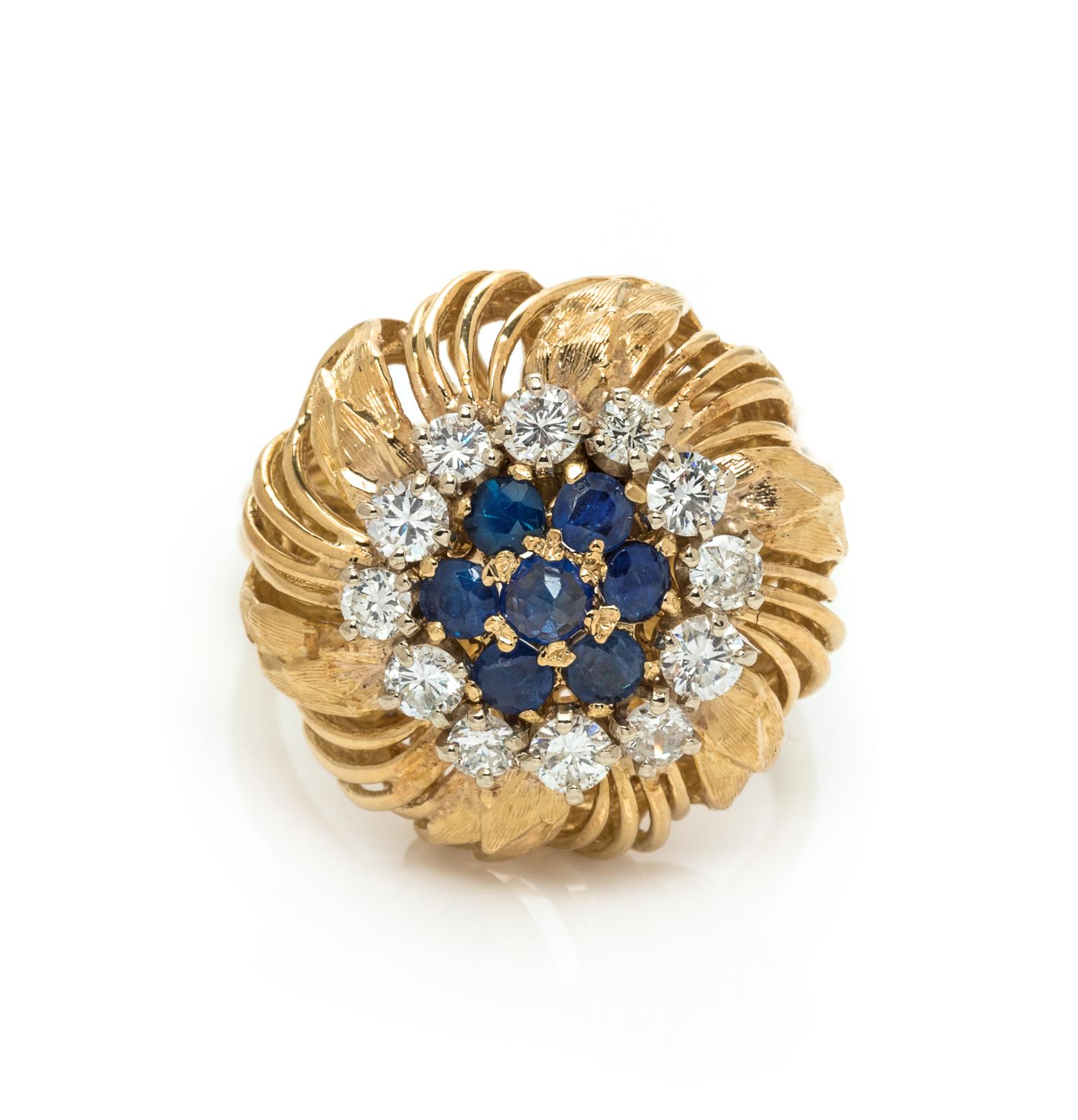 A 14 Karat Yellow Gold, Diamond and Sapphire Flower Ring,