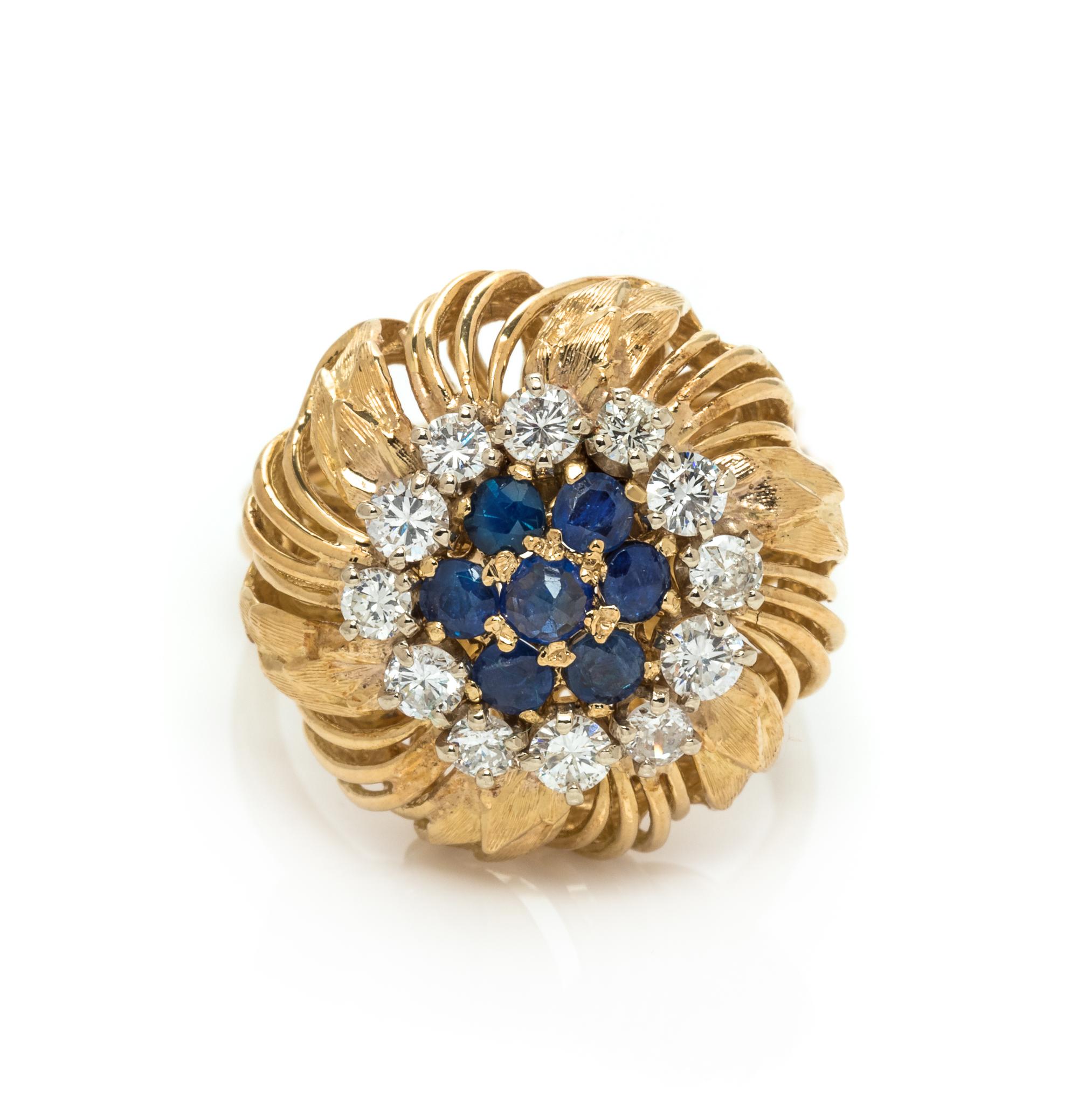 A 14 Karat Yellow Gold, Diamond and Sapphire Flower Ring,