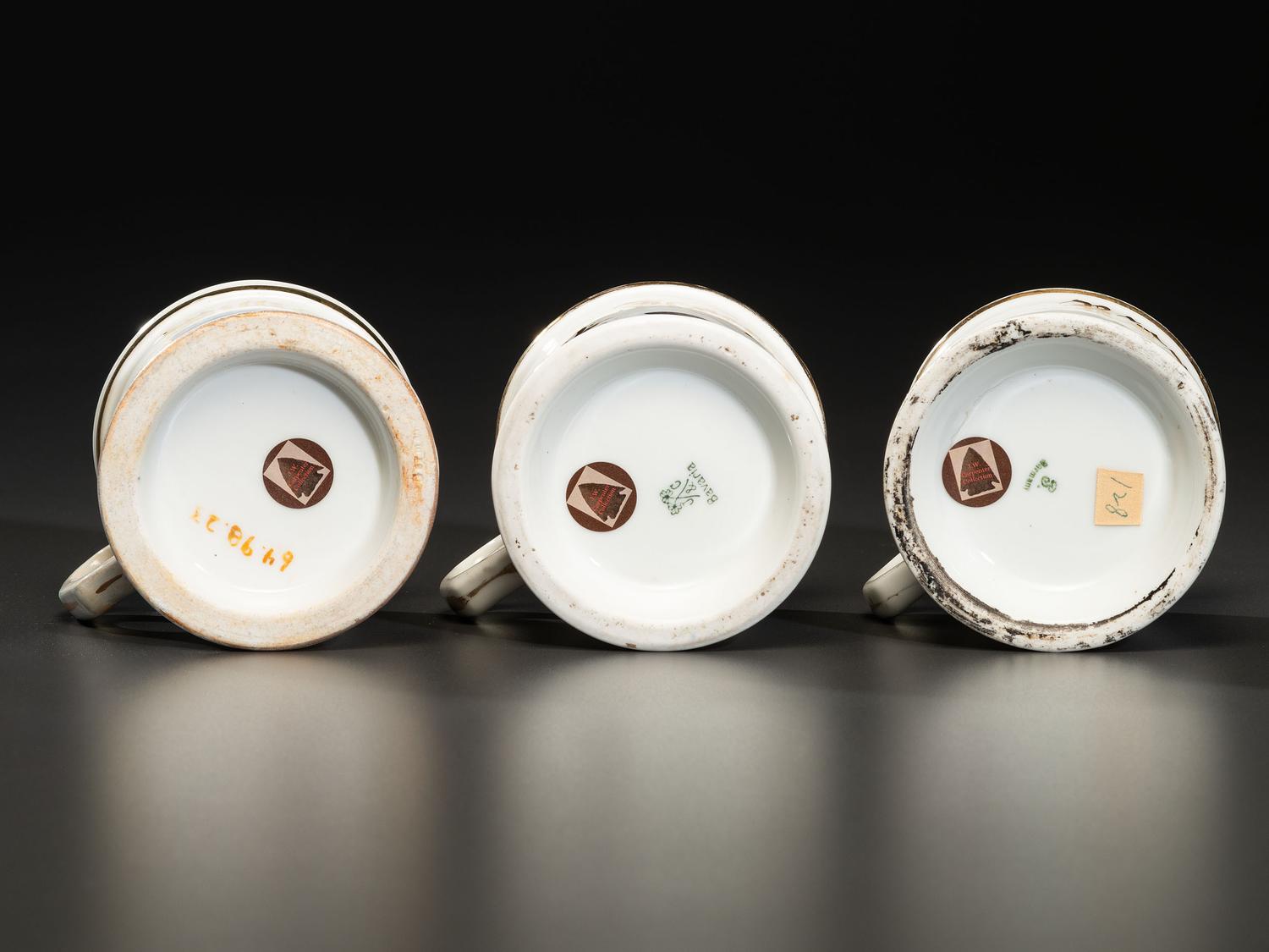 Three Porcelain Shaving Mugs Depicting Automobiles