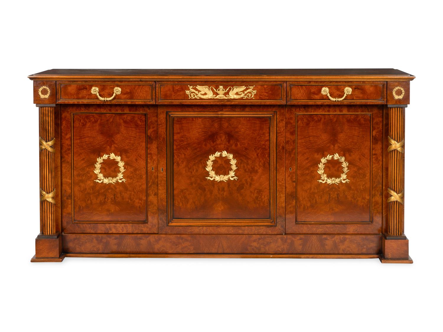 An Empire Style Bronze Mounted Parcel Gilt Burl Walnut Cabinet