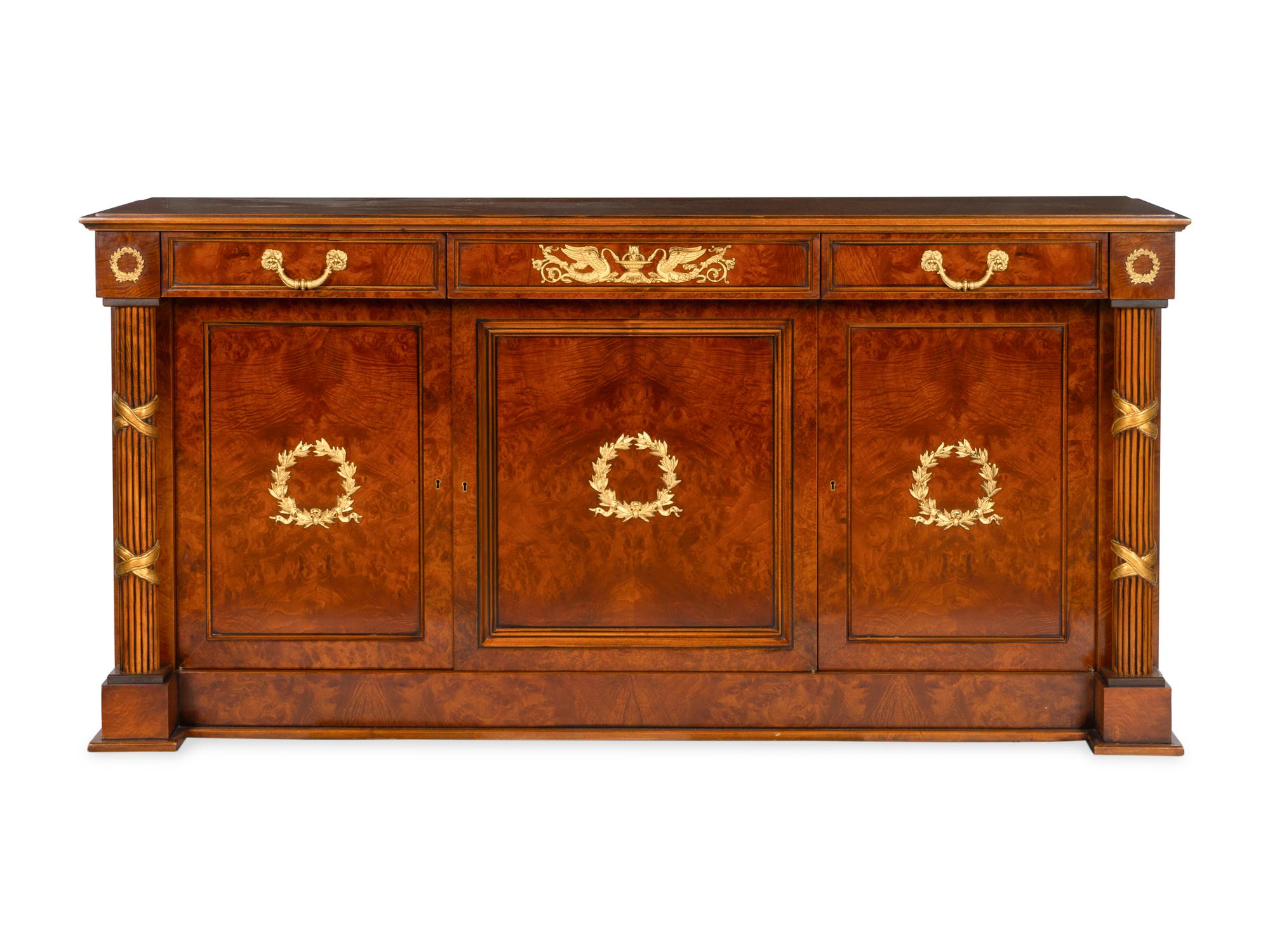An Empire Style Bronze Mounted Parcel Gilt Burl Walnut Cabinet