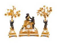 A Napoleon III Parcel-Gilt, Patinated Bronze and Marble Three-Piece Clock Garniture — THE DIAL INSCRIBED J B MARCHAND, PARIS, 19TH CENTURY