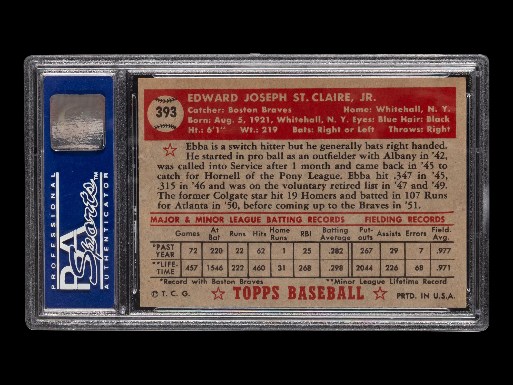 A 1952 Topps Ebba St. Claire High Number Baseball Card No. 393 (PSA 6 EX-MT)