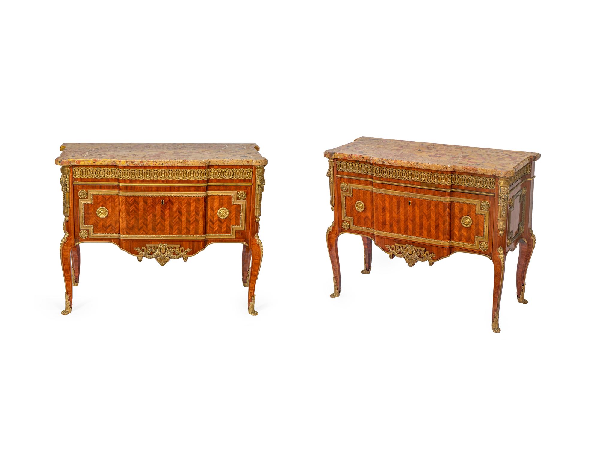 A Pair of Transitional Style Gilt Bronze Mounted Parquetry Commodes — 20TH CENTURY