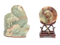Two Chinese Carved Celadon and Russet Jade Articles, Ming-Qing Dynasty 明-清 青玉山子及仿古佩