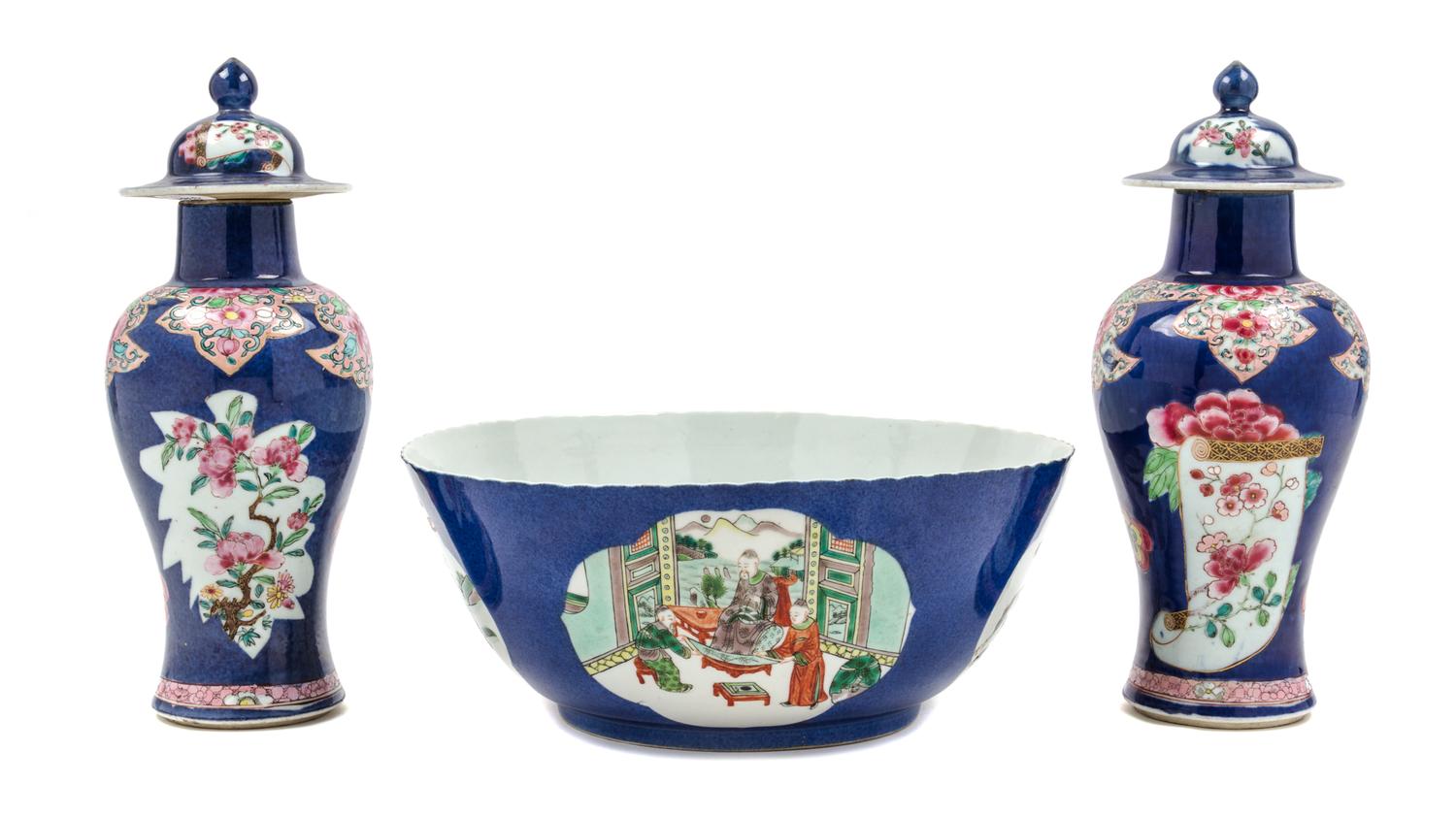 A Chinese Export Porcelain Three-Piece Garniture Height of jars 11 1/8 inches.