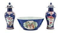 A Chinese Export Porcelain Three-Piece Garniture Height of jars 11 1/8 inches.