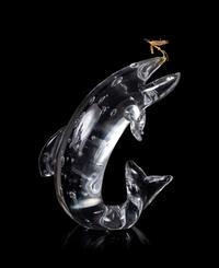A Steuben Trout and Fly Glass Sculpture