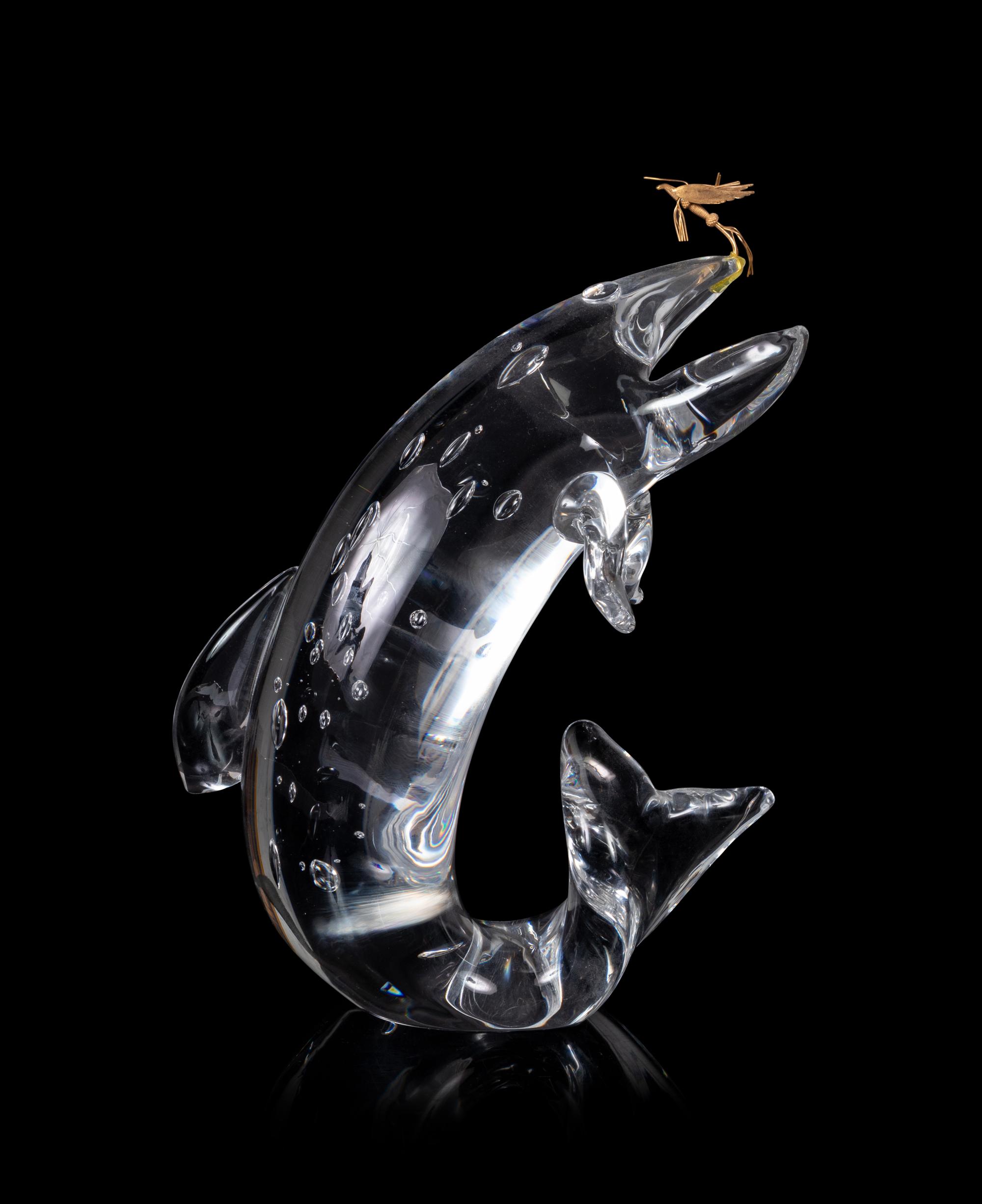 A Steuben Trout and Fly Glass Sculpture