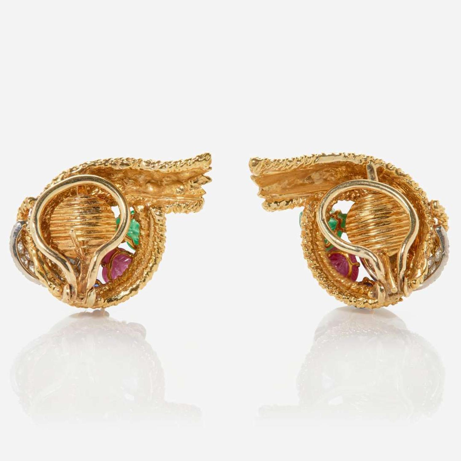 A Pair of 18K Yellow Gold, Diamond, and Gemstone Earrings