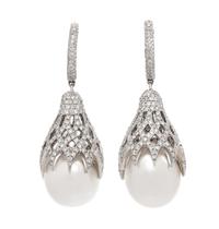 A Pair of 18 Karat White Gold, Cultured South Sea Pearl and Diamond Pendant Earrings, 15.80 dwts.