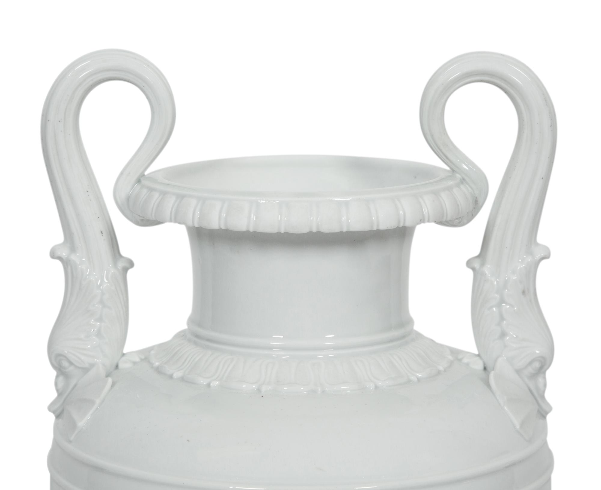 A Royal Copenhagen White Glazed Porcelain Dolphin Handled Vase