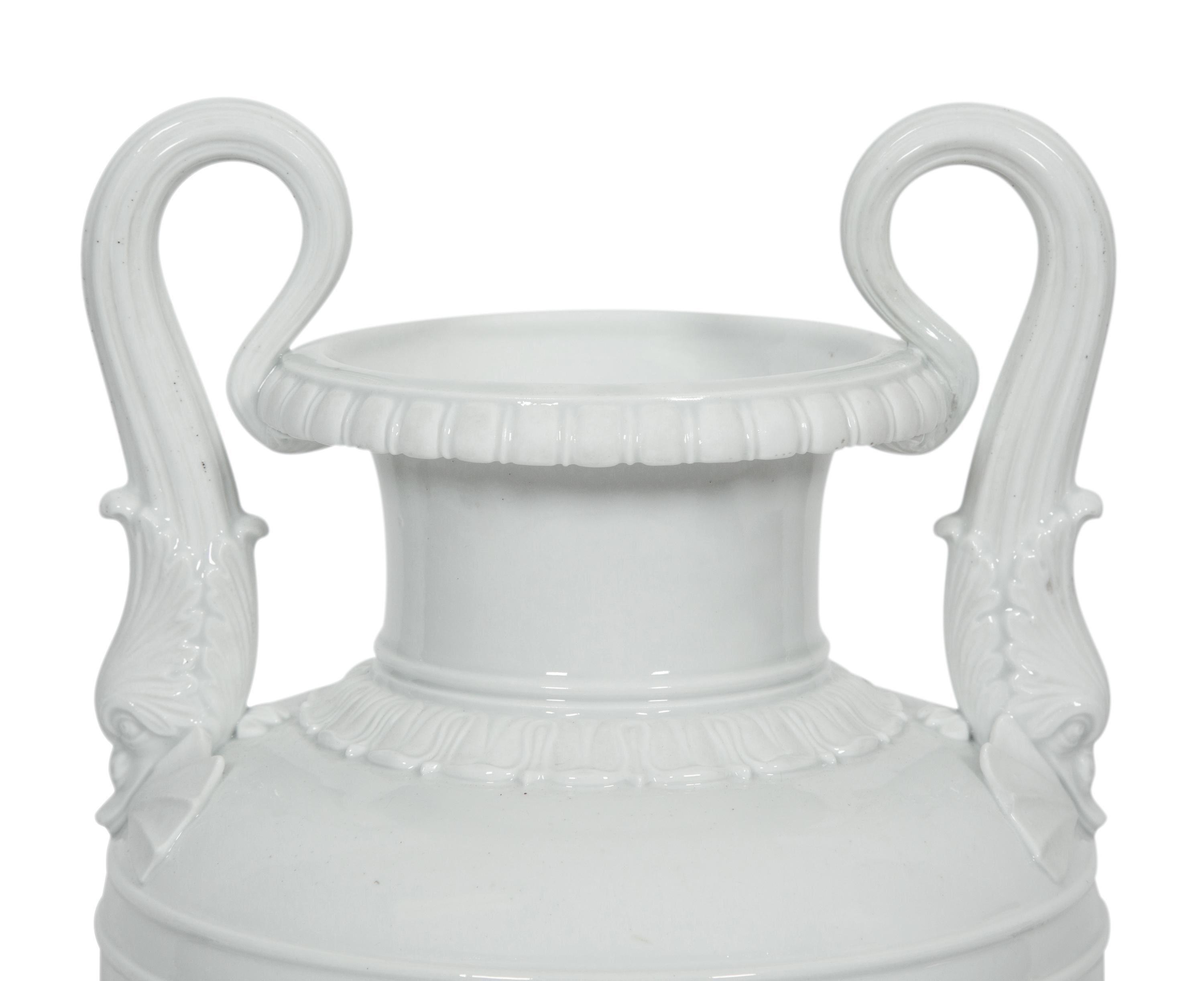 A Royal Copenhagen White Glazed Porcelain Dolphin Handled Vase