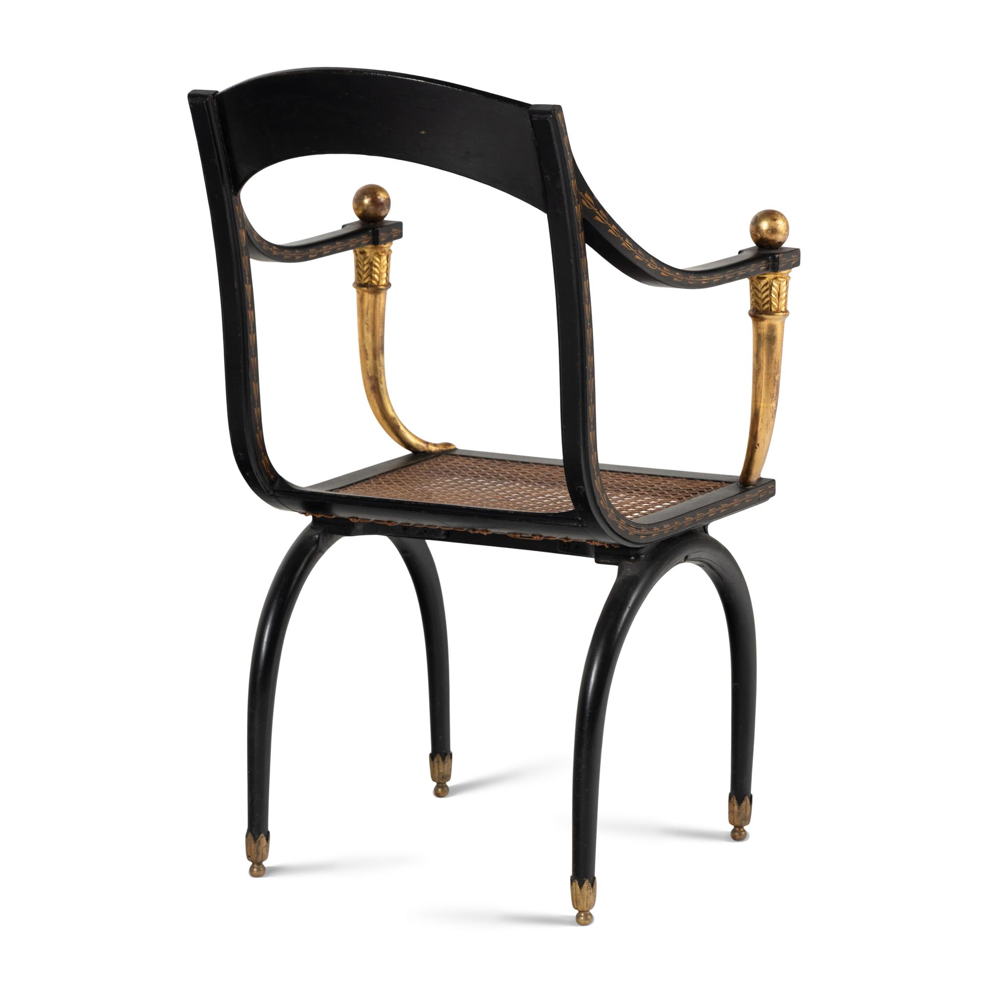 A Consulat Painted, Parcel Gilt and Ebonized Fauteuil