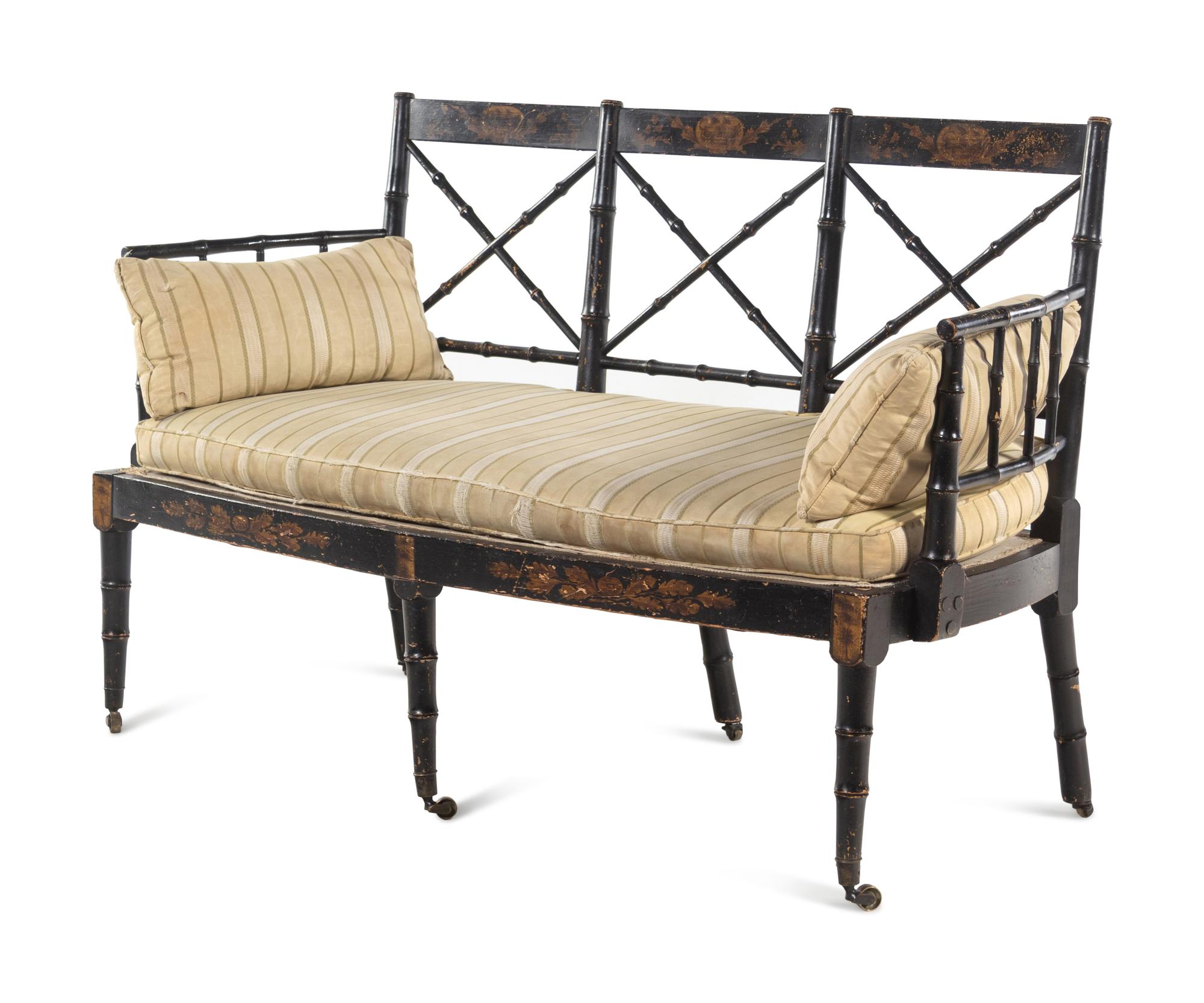 A Regency Black-Painted and Stencil-Decorated Settee