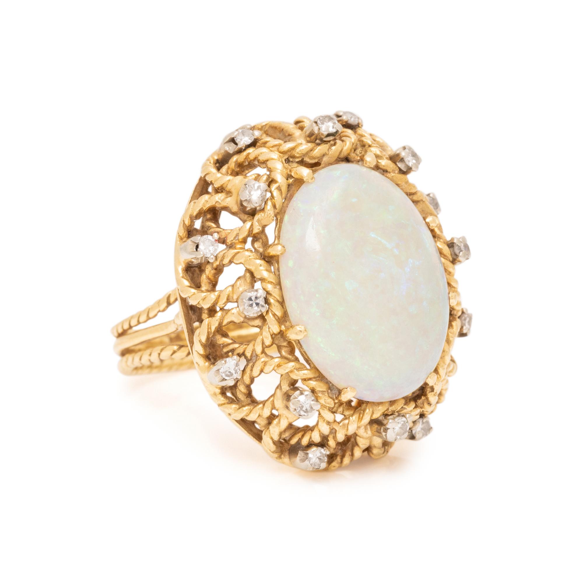 OPAL, DIAMOND, AND YELLOW GOLD RING