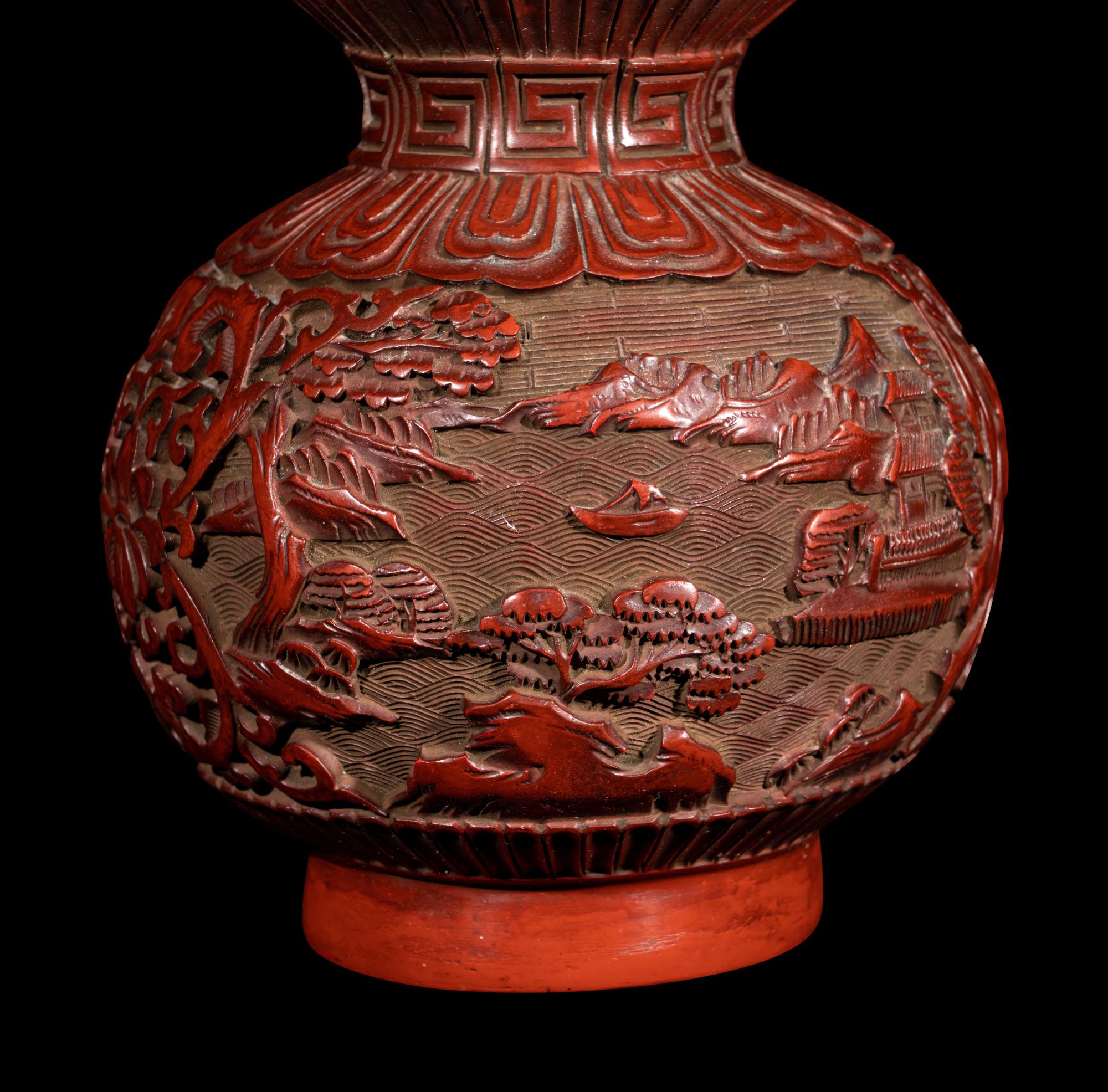 A Chinese Cinnabar Lacquer Gourd-form 'Landscapes' Vase