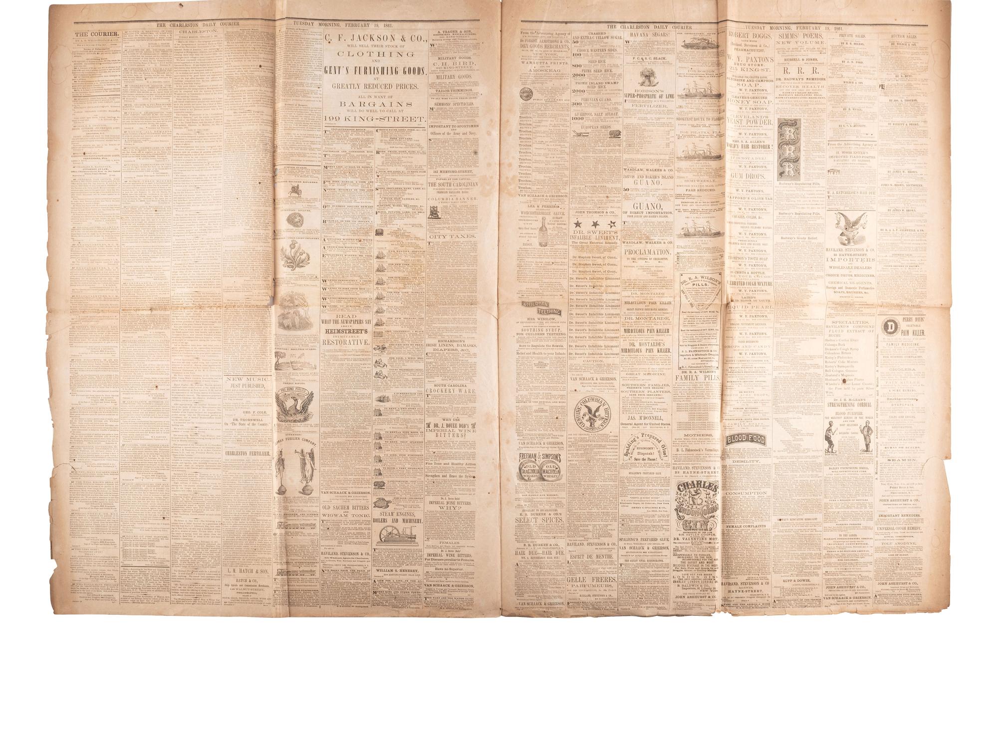 [CIVIL WAR]. Two complete large format issues of the Charleston Daily Courier featuring front-page Confederate reports of the inaugurations of Abraham Lincoln and Jefferson Davis.
