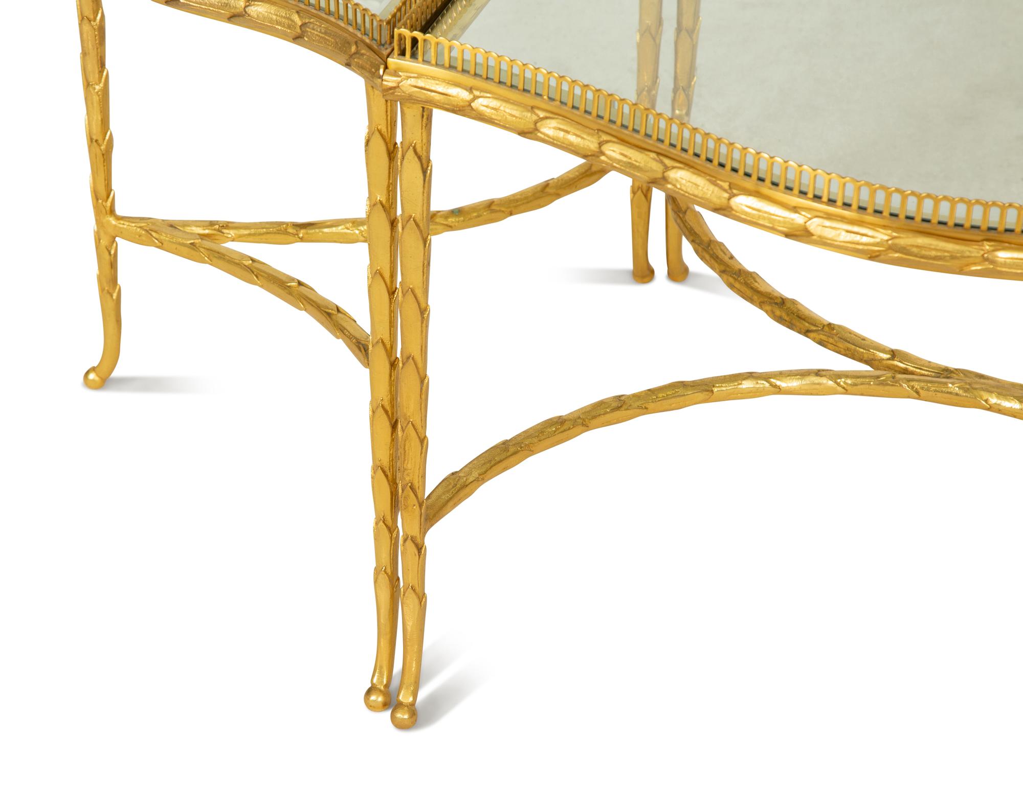 A French Three-Part Gilt Metal and Glass Coffee Table