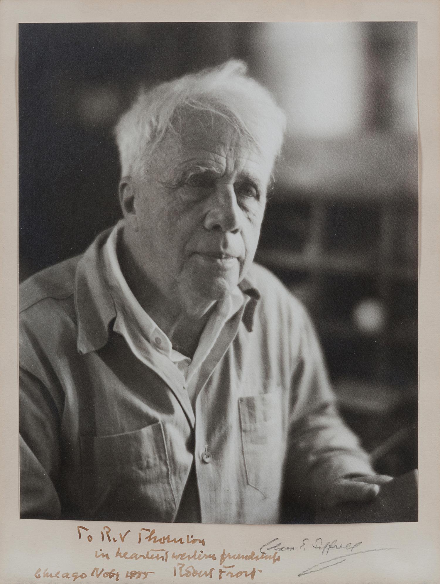 FROST, Robert (1874-1963). Photographic reproduction signed and inscribed ("Robert Frost”), to R.V. Thornton, 1955.
