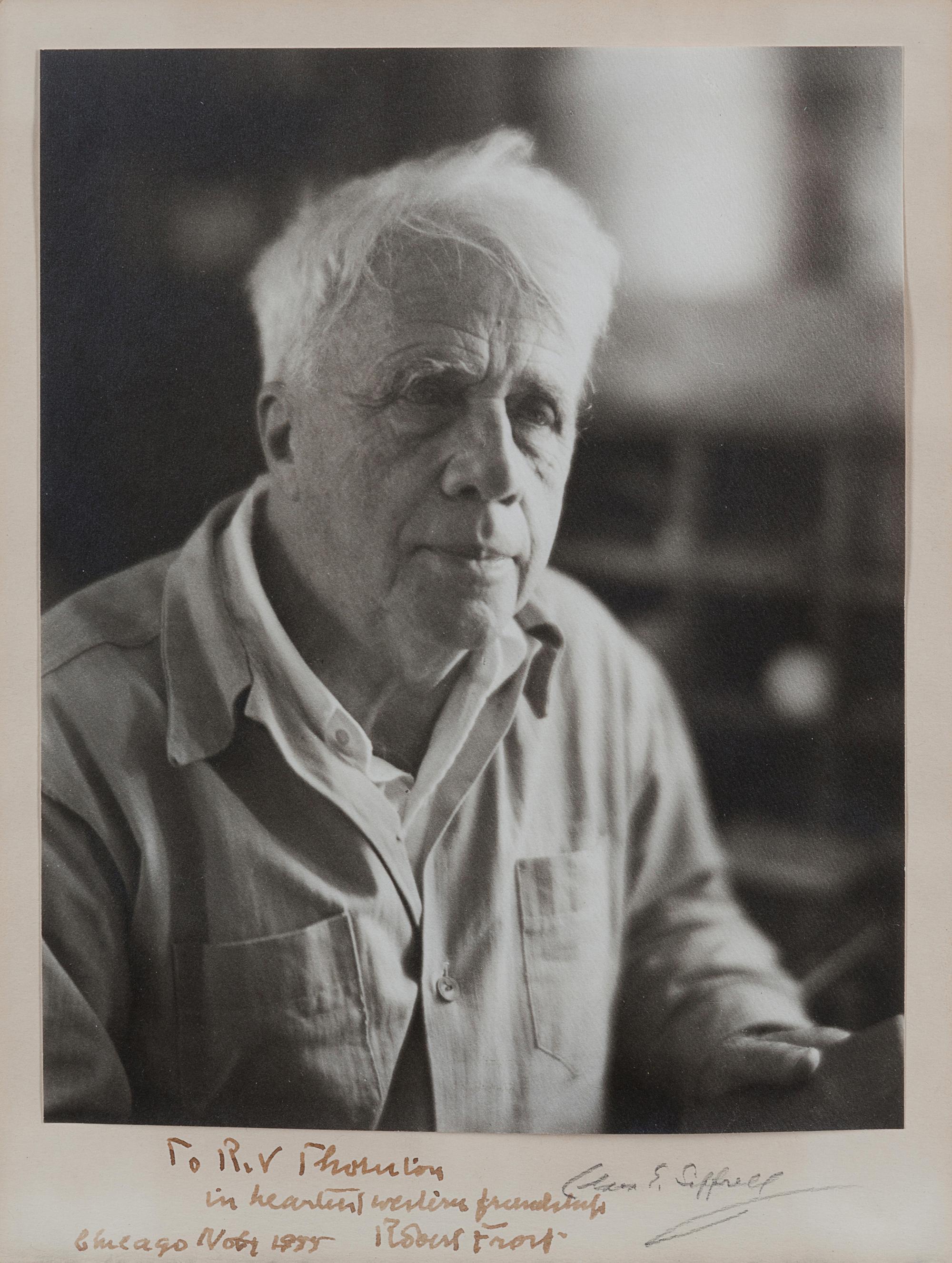 FROST, Robert (1874-1963). Photographic reproduction signed and inscribed ("Robert Frost”), to R.V. Thornton, 1955.