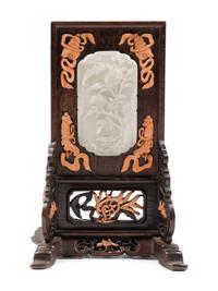 A Carved White Jade Inset Hardwood Table Screen