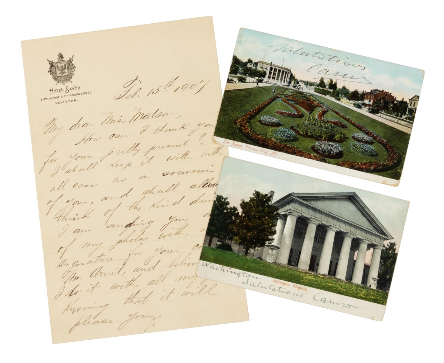 CARUSO, Enrico (1873-1921). Autograph letter signed ("Enrico Caruso"). To Miss Elizabeth Matson, Feb. 15th 1907.