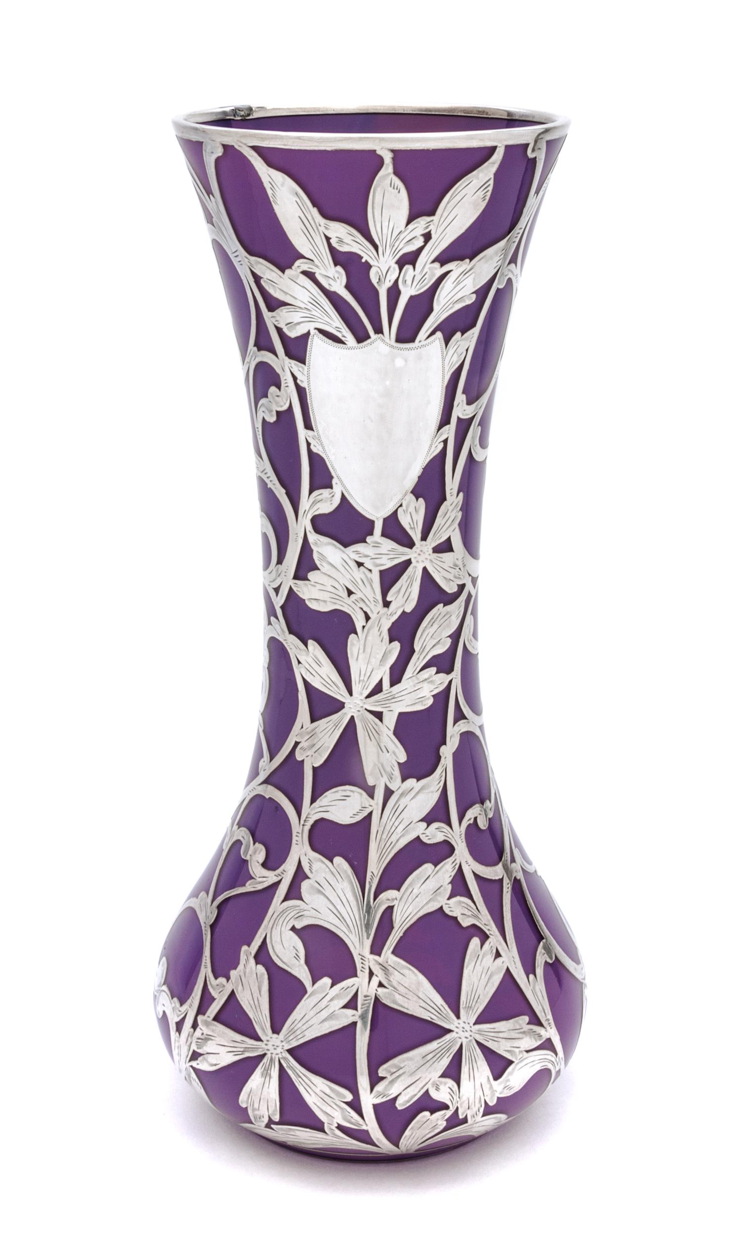 A Silver Overlay Glass Vase Height 12 inches.