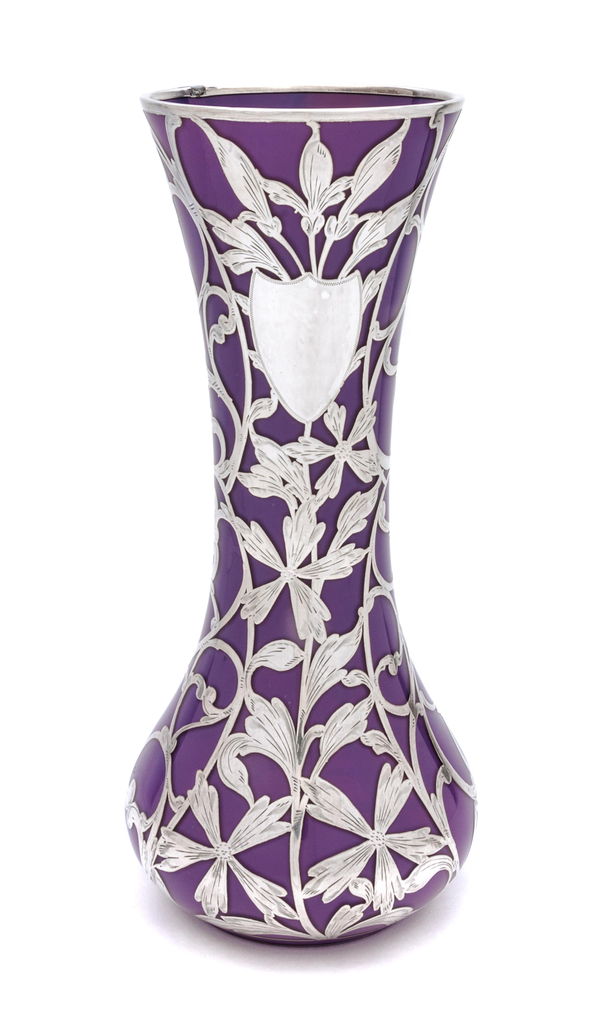 A Silver Overlay Glass Vase Height 12 inches.