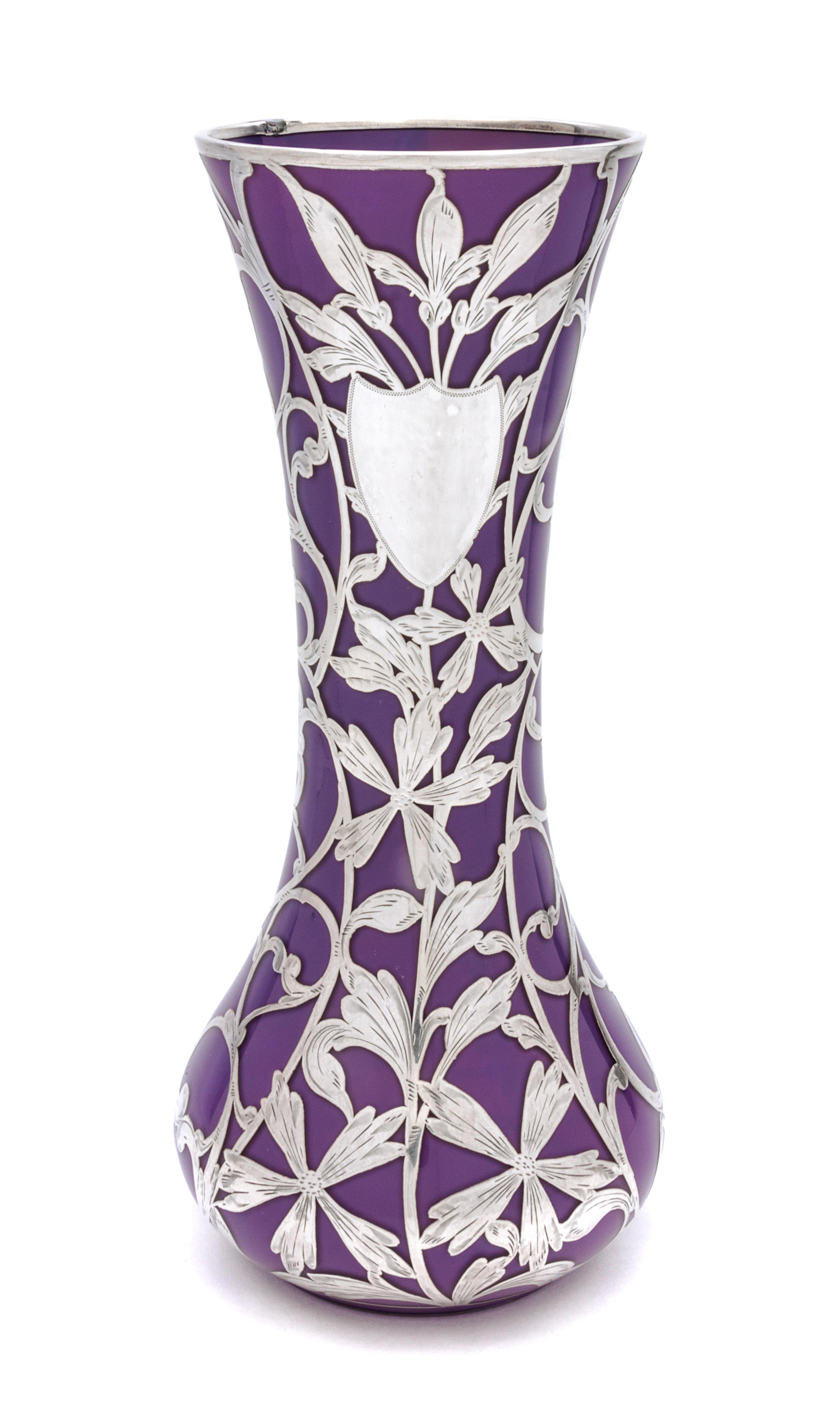 A Silver Overlay Glass Vase Height 12 inches.