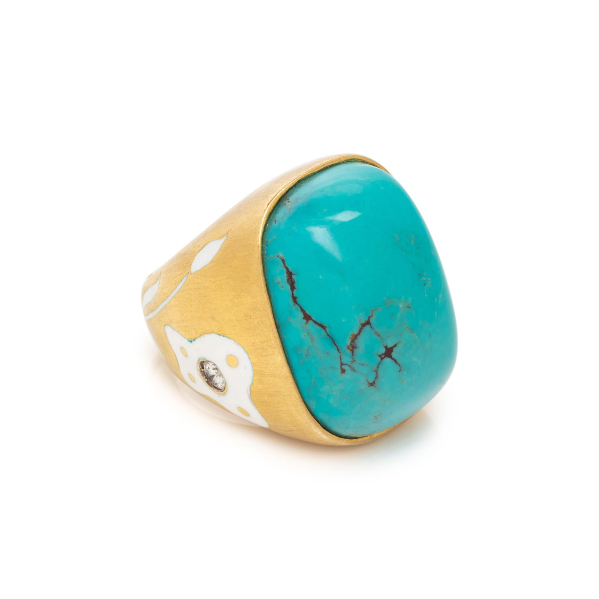 YELLOW GOLD, TURQUOISE, ENAMEL AND DIAMOND RING