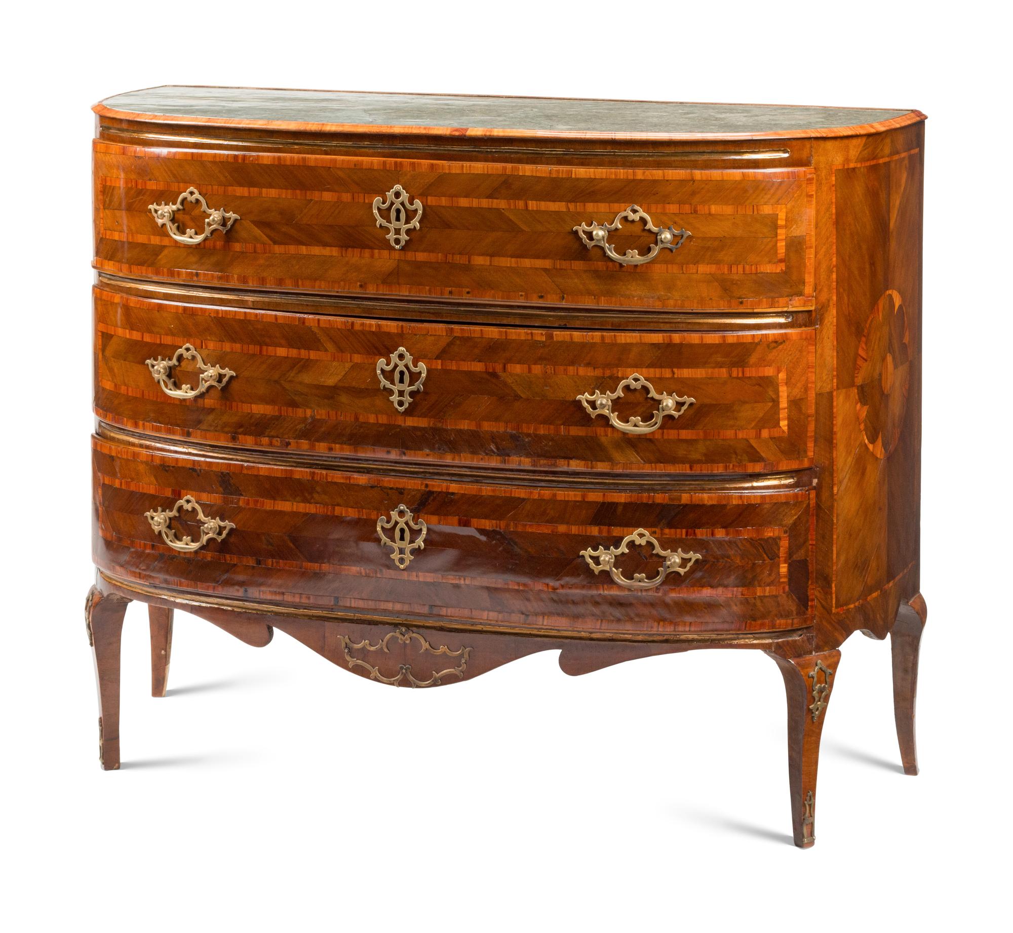 A Continental Walnut, Marquetry and Scagliola-Inset Commode