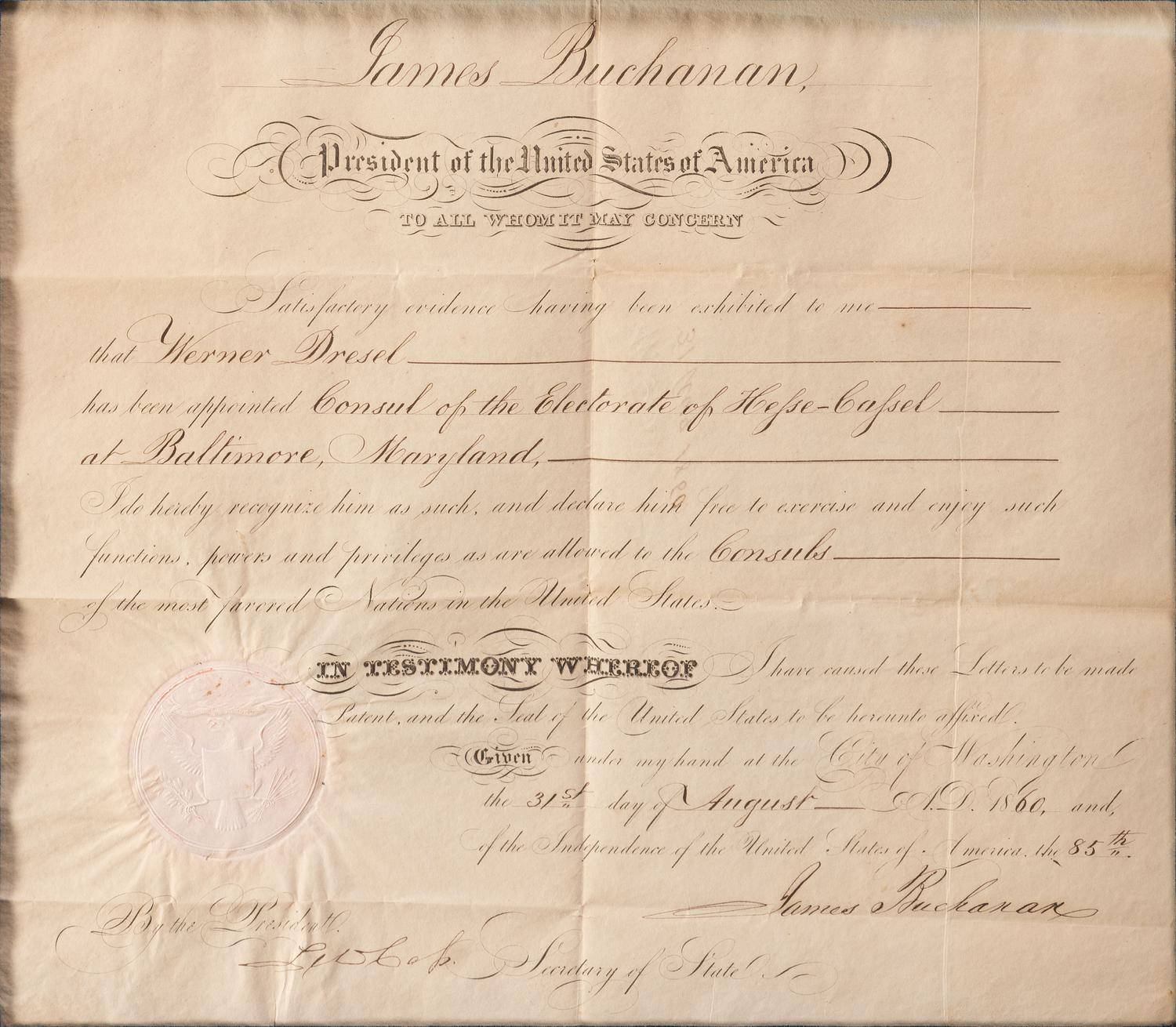 BUCHANAN, James (1791-1868). Appointment signed as President. 31 August 1860.