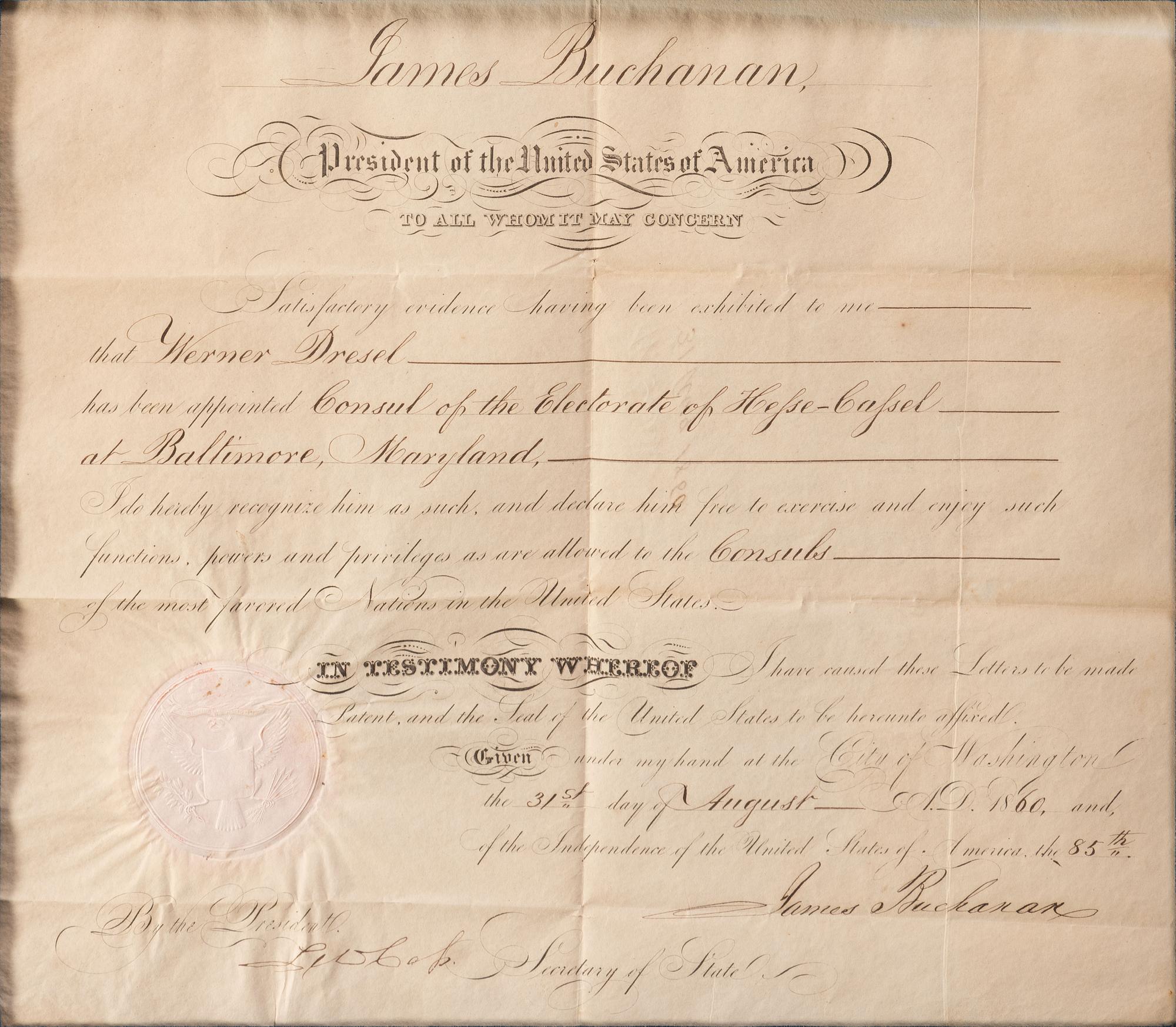 BUCHANAN, James (1791-1868). Appointment signed as President. 31 August 1860.