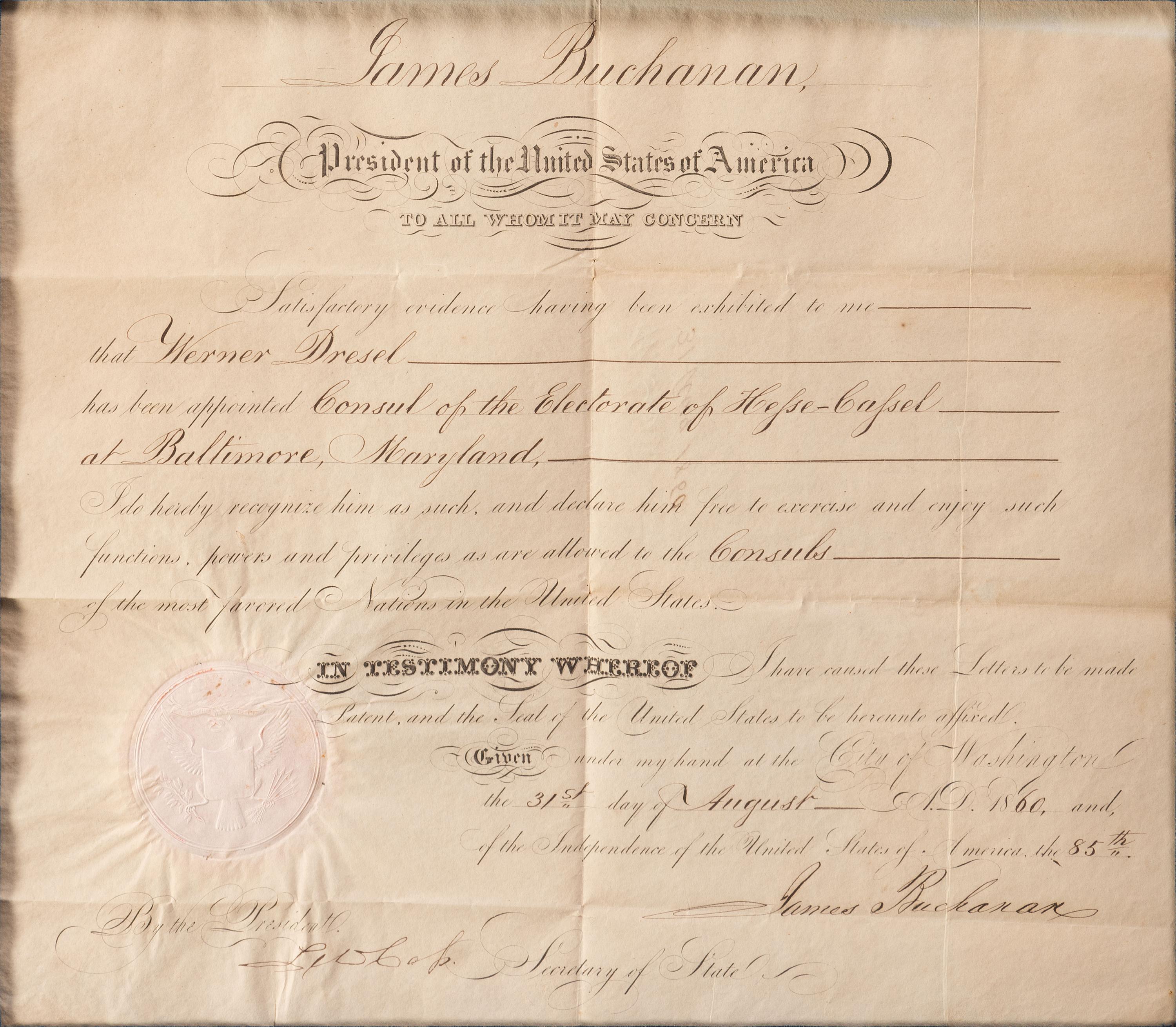 BUCHANAN, James (1791-1868). Appointment signed as President. 31 August 1860.