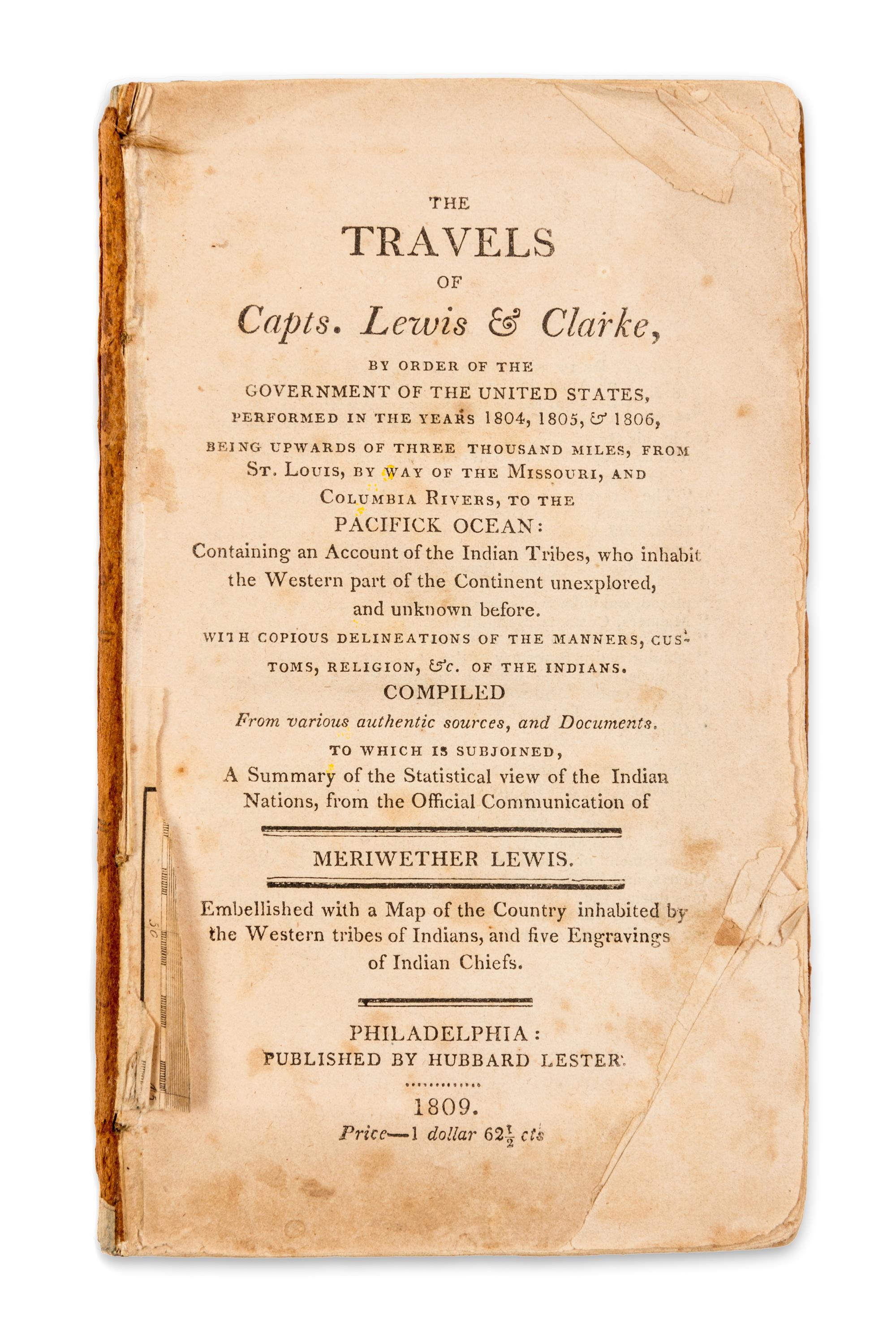 [LEWIS, Meriwether and William CLARK]. The Travels of Capts. Lewis & Clarke. Philadelphia: Hubbard Lester, 1809.