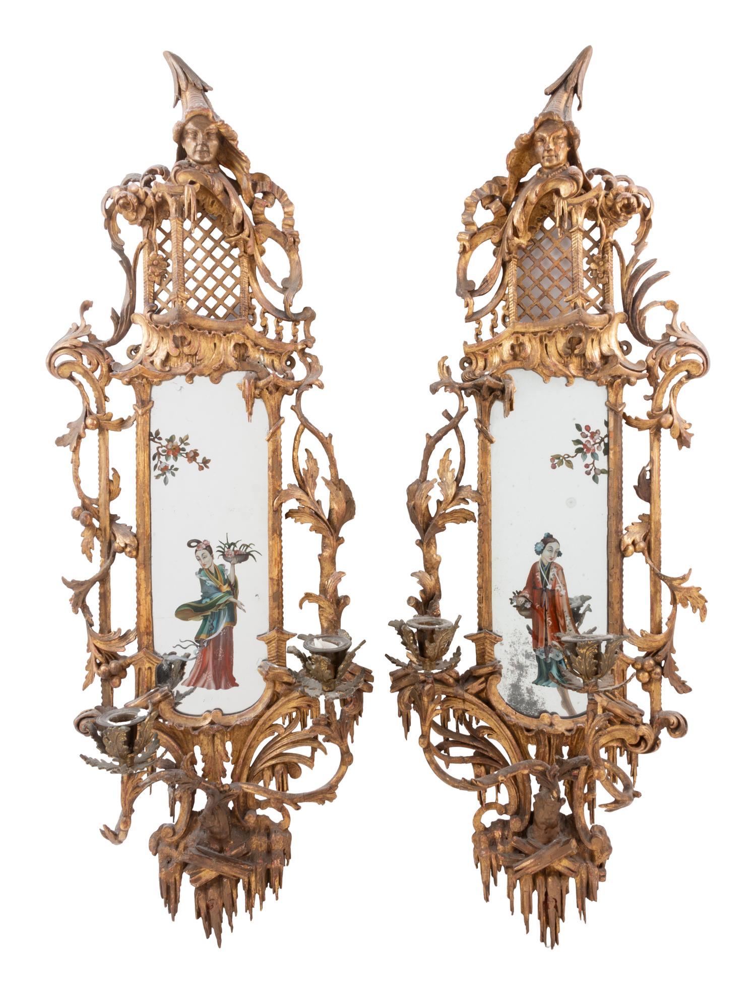 A Pair of Chinese Chippendale Giltwood and Reverse-Painted Glass Mirrors