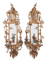 A Pair of Chinese Chippendale Giltwood and Reverse-Painted Glass Mirrors