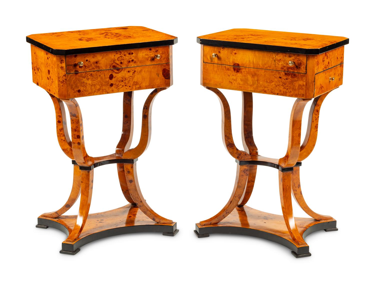 A Pair of Biedermeier Style Part-Ebonized Burlwood Side Tables