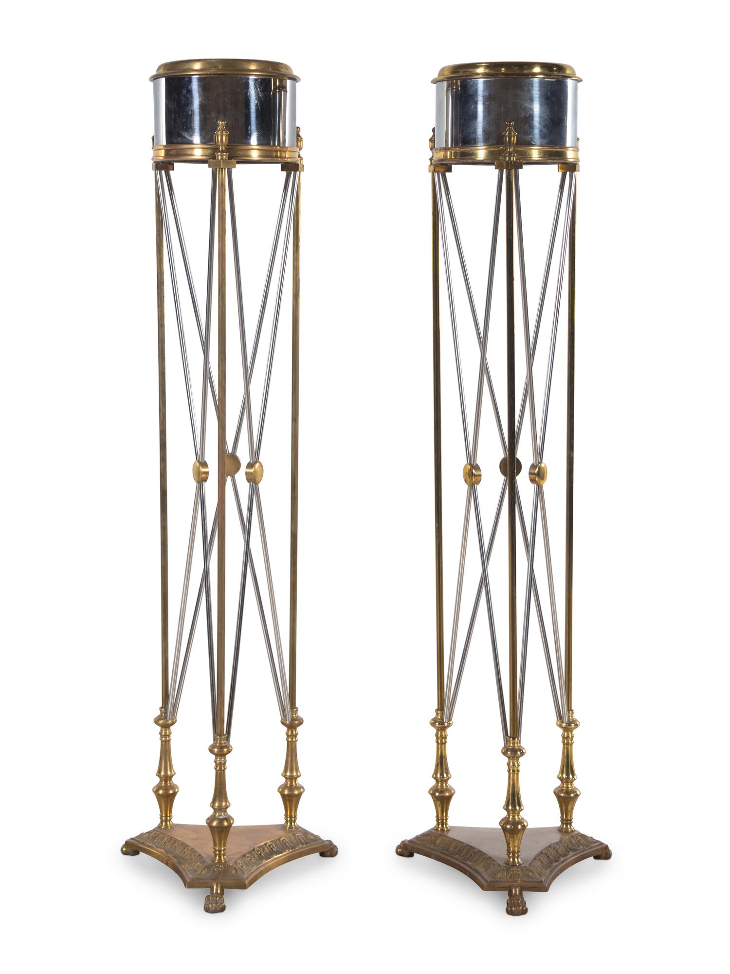A Pair of Silvered and Gilt Brass Jardinière Stands in the Style of Maison Jansen