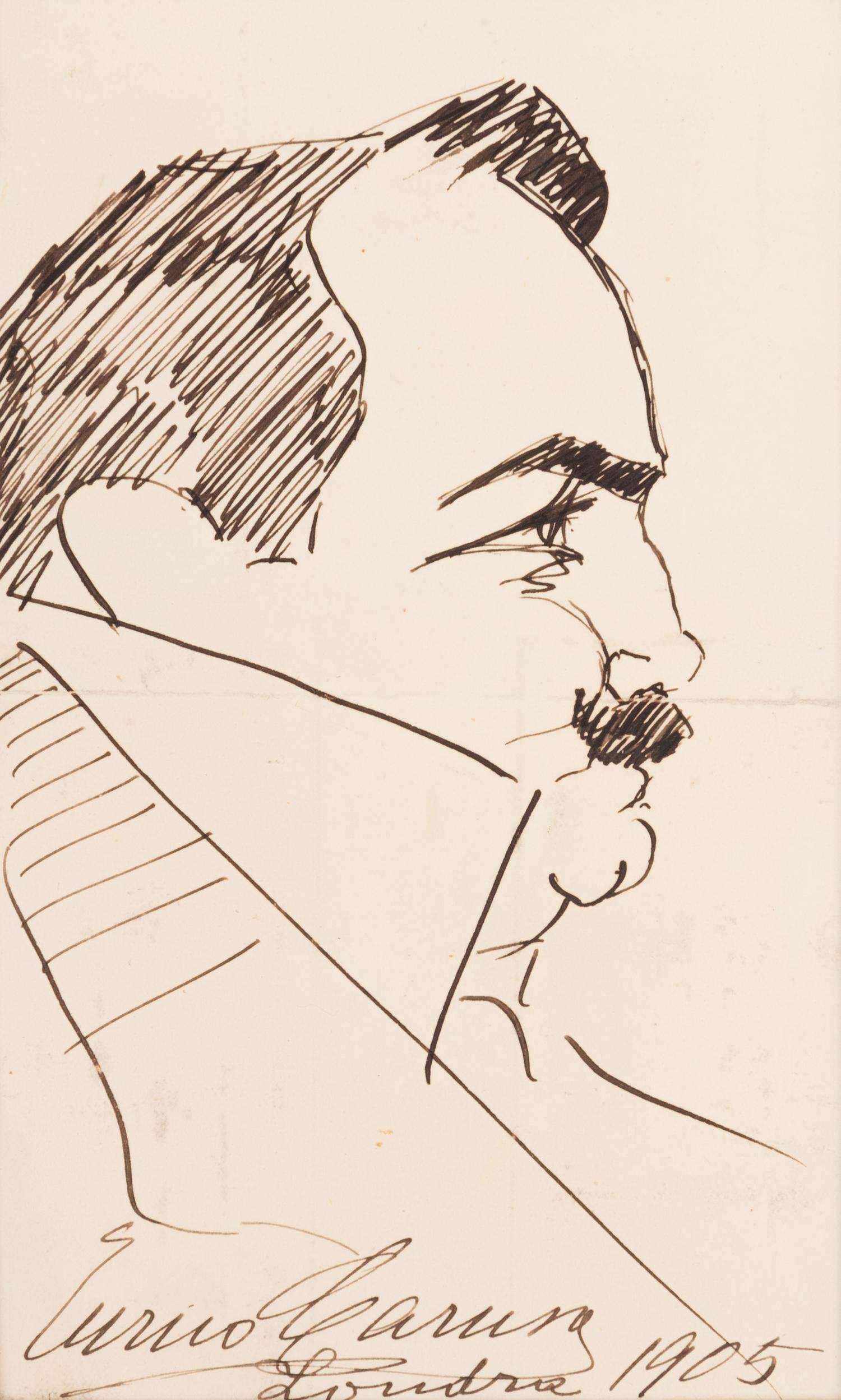 CARUSO, Enrico (1873-1921). Original drawing, profile self portrait caricature, in pen and ink, signed and dated lower margin ("Enrico Caruso Londra 1905").