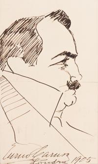 CARUSO, Enrico (1873-1921). Original drawing, profile self portrait caricature, in pen and ink, signed and dated lower margin ("Enrico Caruso Londra 1905").