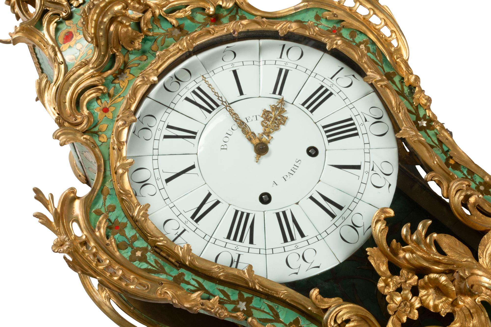 A Louis XV Green-Stained Horn and Gilt Bronze Mounted Cartel Clock and Bracket