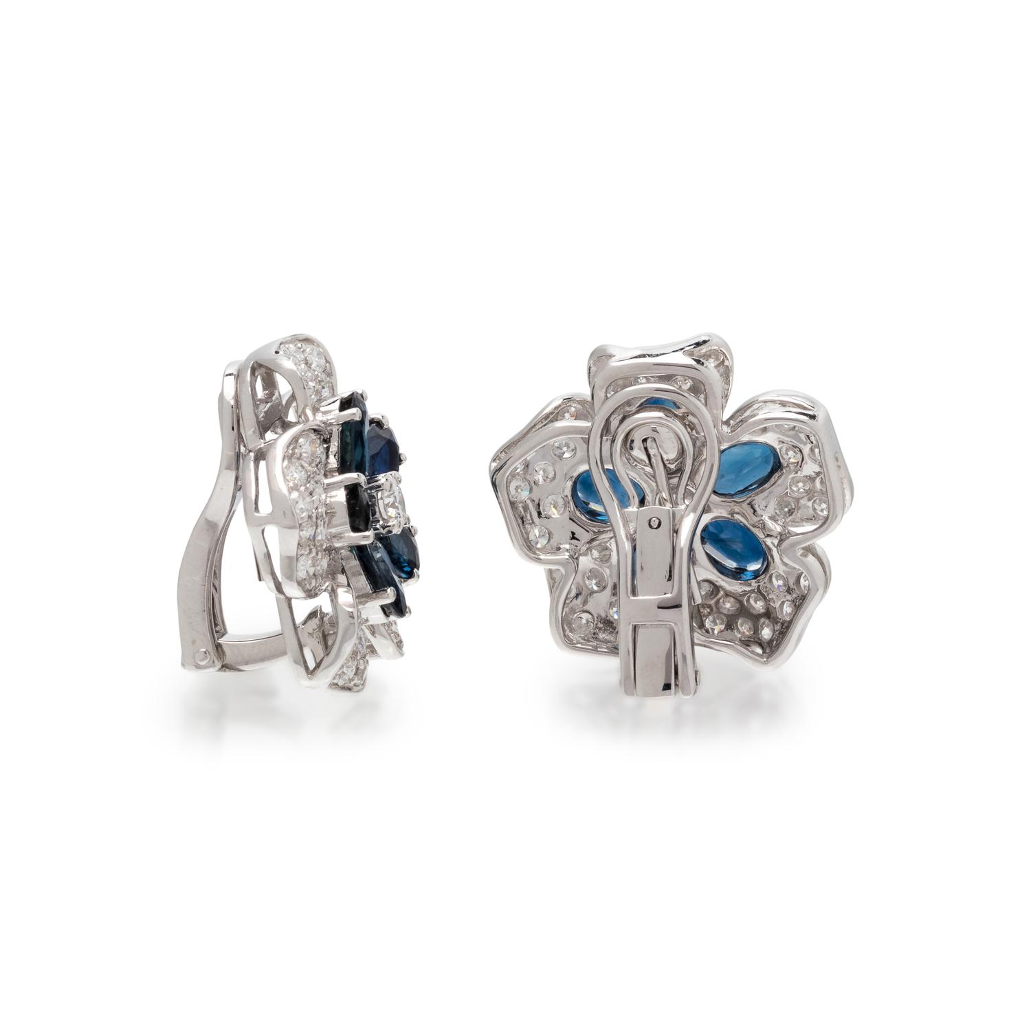 SAPPHIRE AND DIAMOND FLOWER EARCLIPS