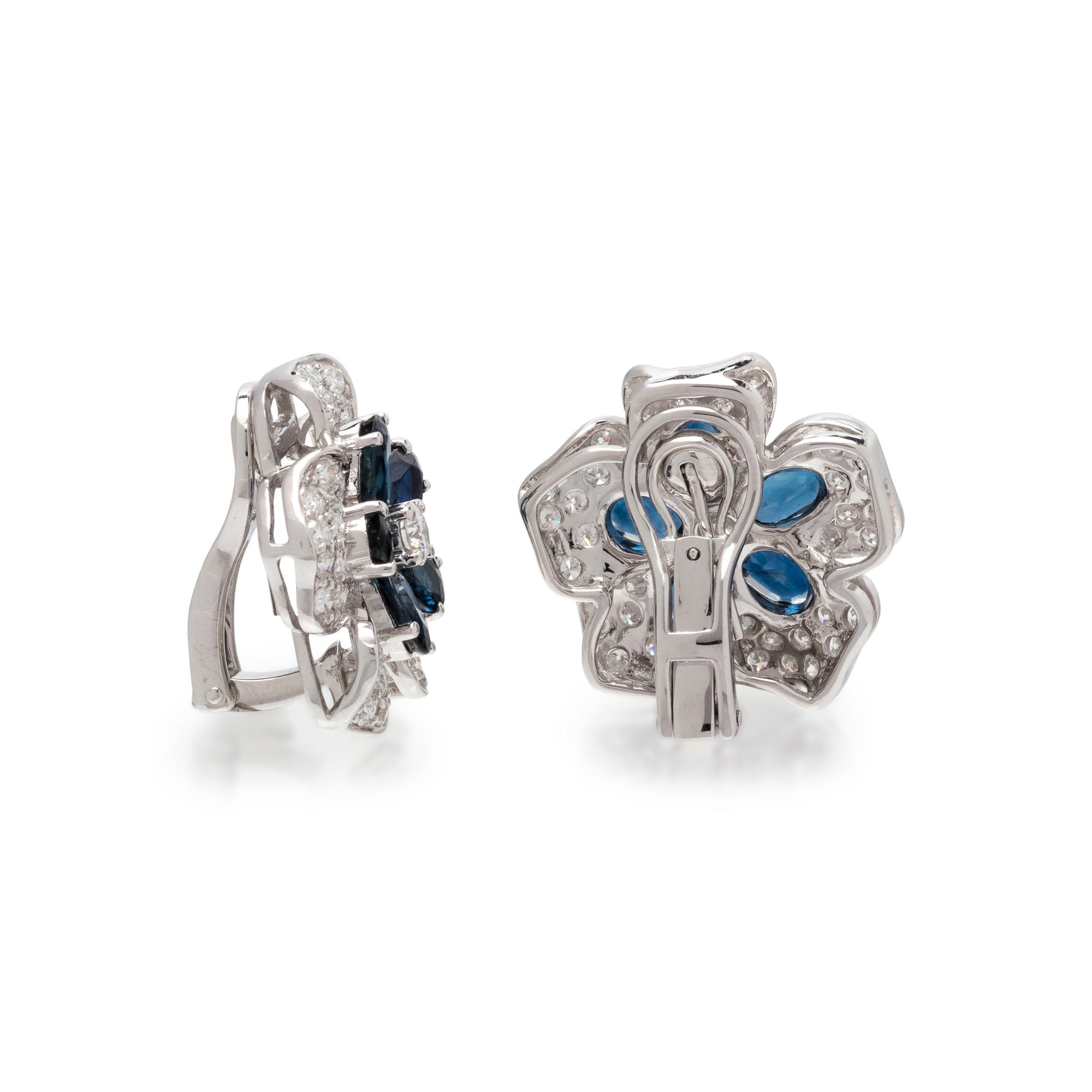 SAPPHIRE AND DIAMOND FLOWER EARCLIPS