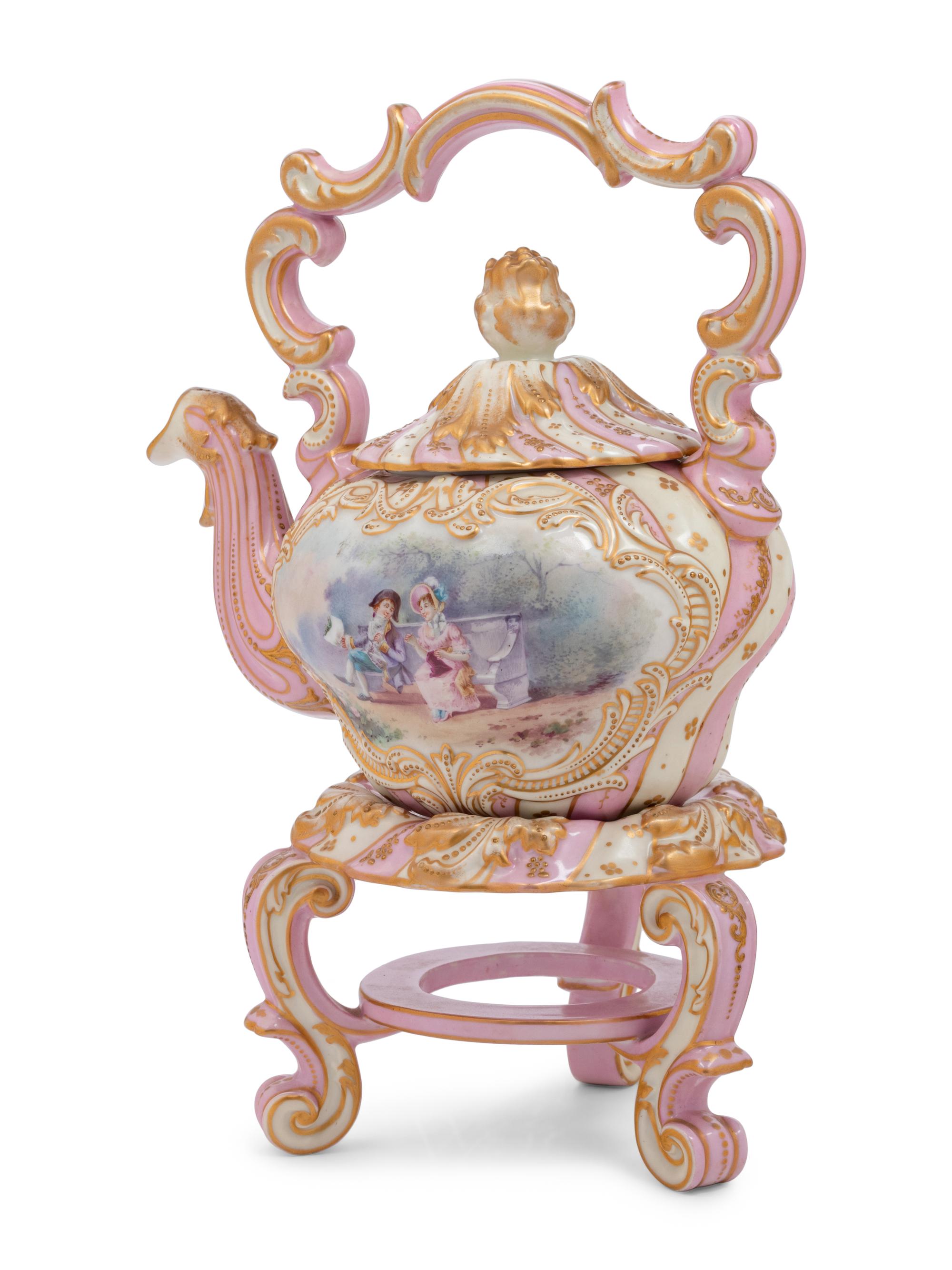 A Vienna Style Porcelain Kettle on Warming Stand