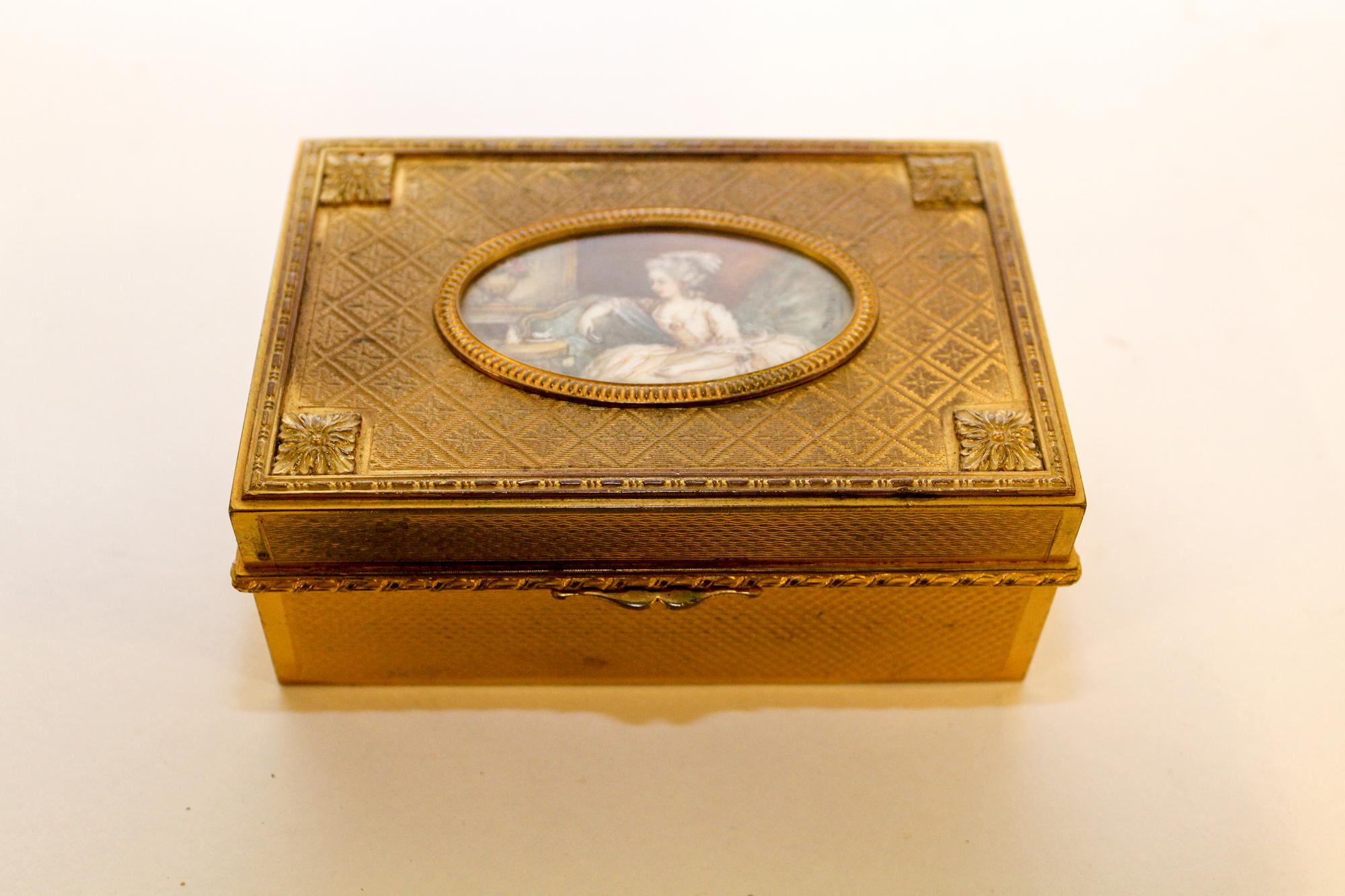A French Portrait Miniature Inset Table Casket. Width 4 3/4 inches.