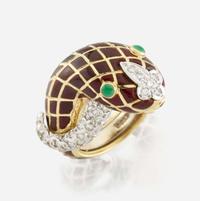 An enamel, diamond, emerald, and gold ring, David Webb