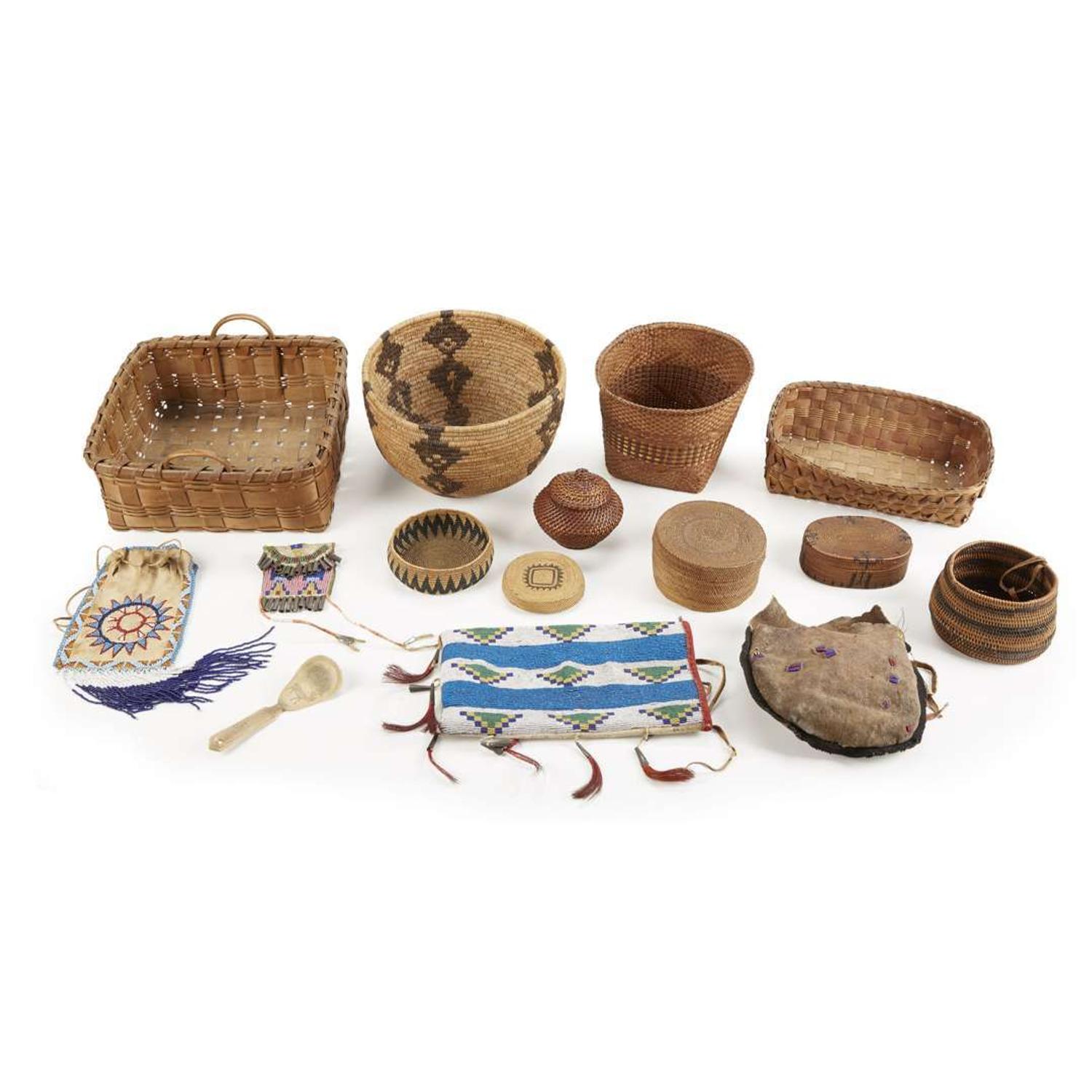 Collection of Native American baskets and beadwork bags together with a carved bone spoon Northeastern Woodlands, Southwest, and Canada, late 19th/20th century